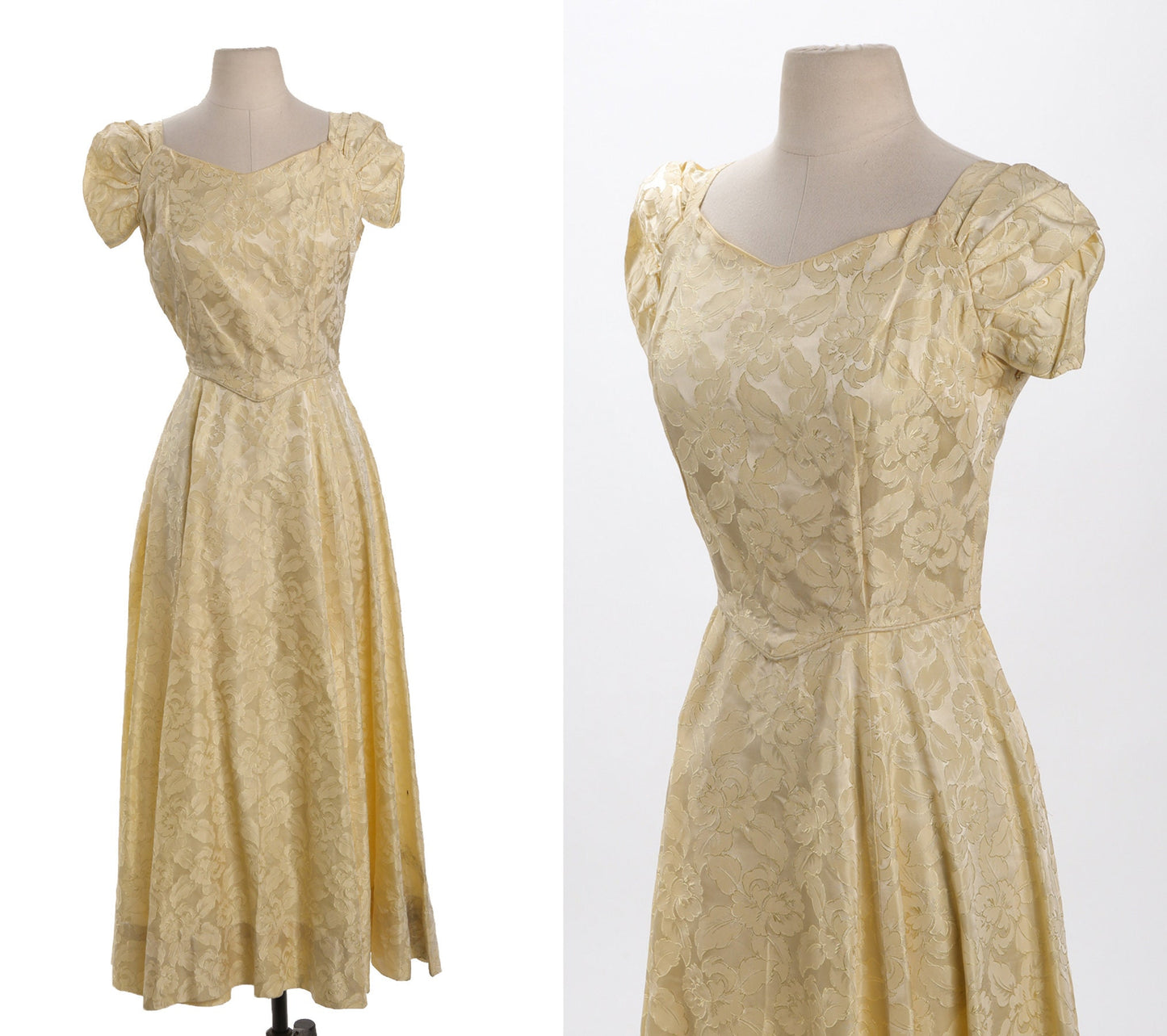 Vintage Yellow Ballgown Dress with Floral Print Brocade Fabric