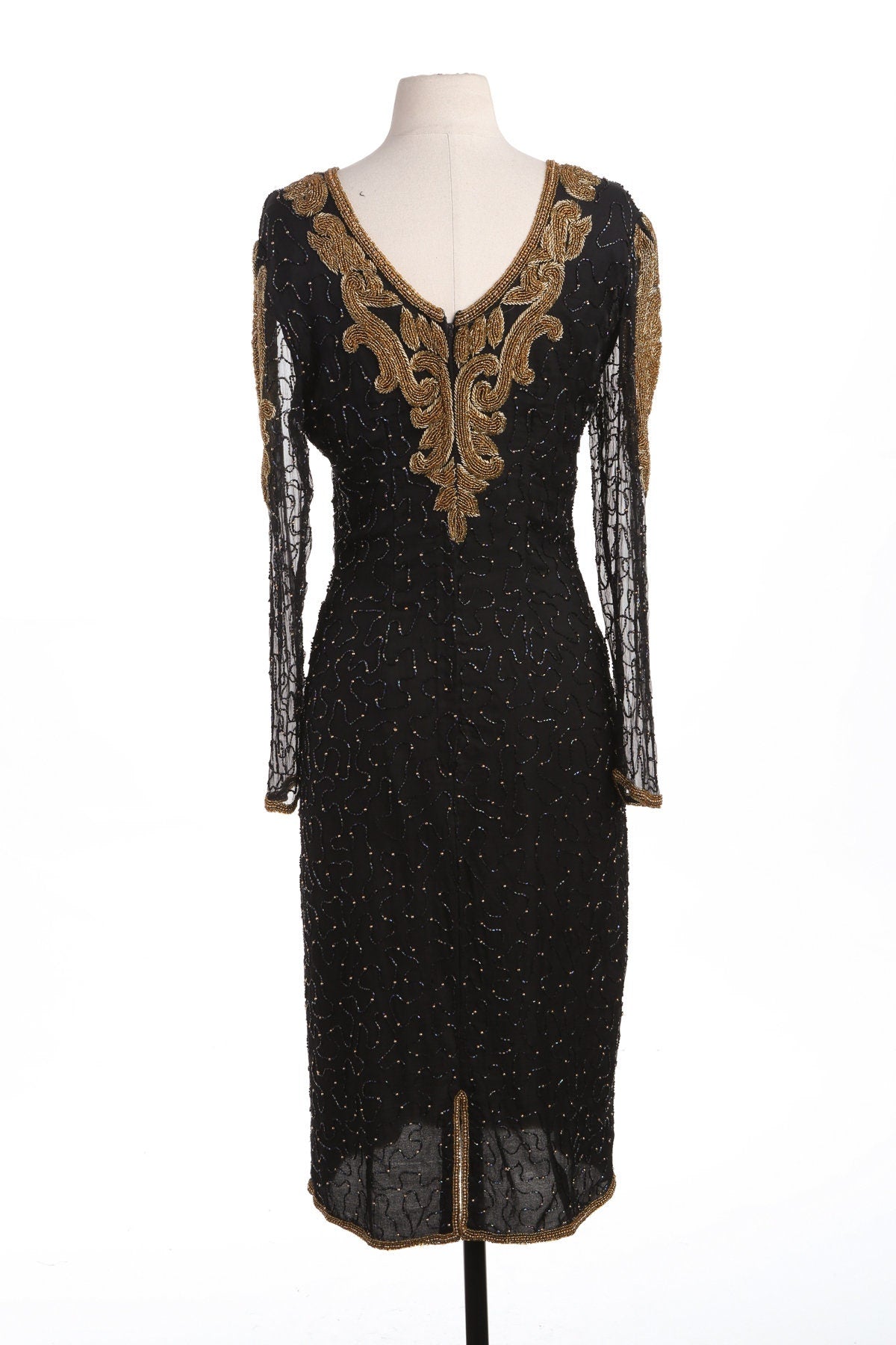 Vintage Women Black and Gold Sequin Dress