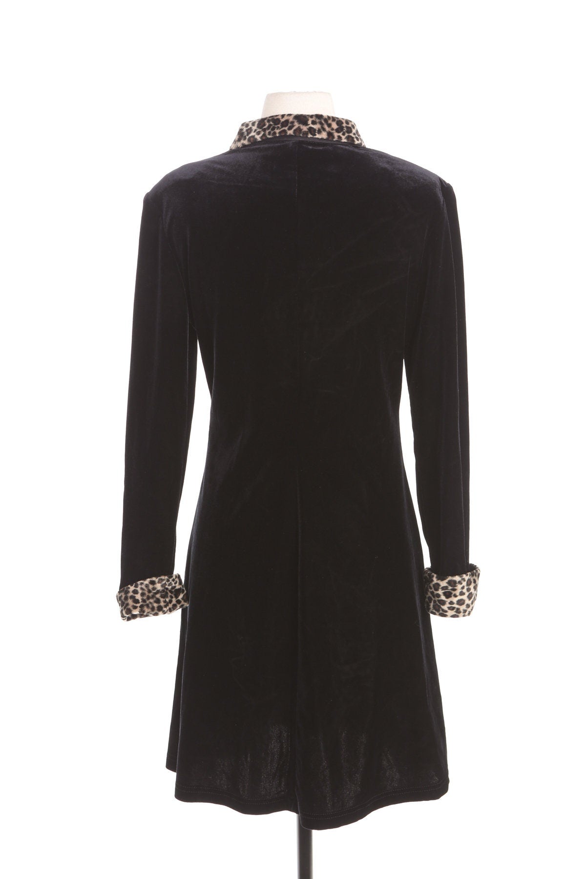 Black Velvet Dress with Leopard Print Collar and Cuffs - Era 90's - Y2K