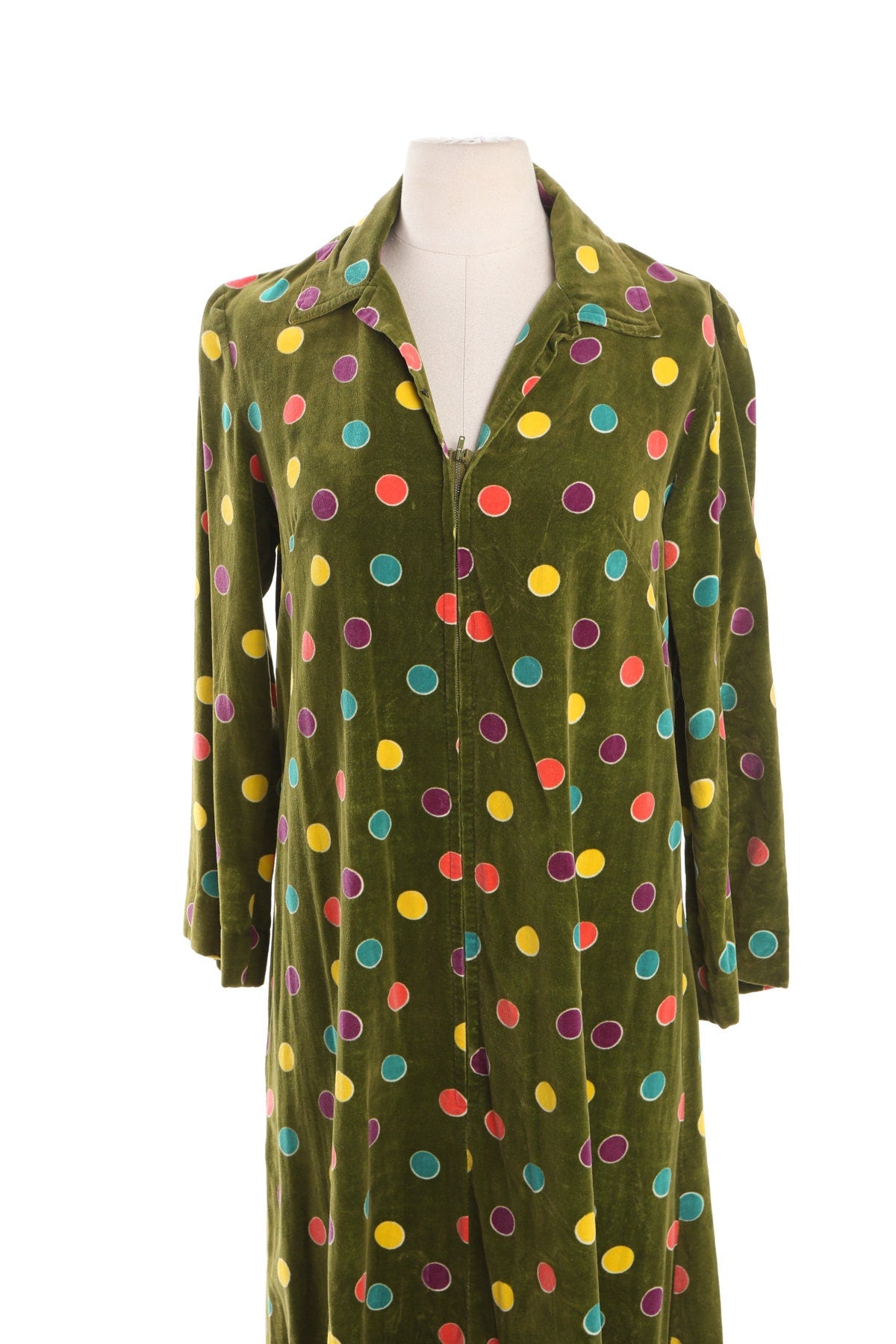 Women Green Velvet Long Dress with Colored Polkadot Print