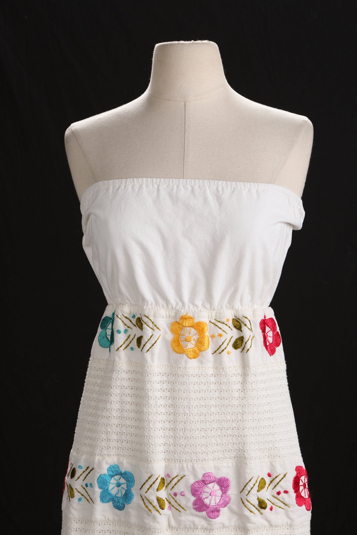 Women Strapless Embroidered Dress - Flower Embroidery - Back Tie Closure