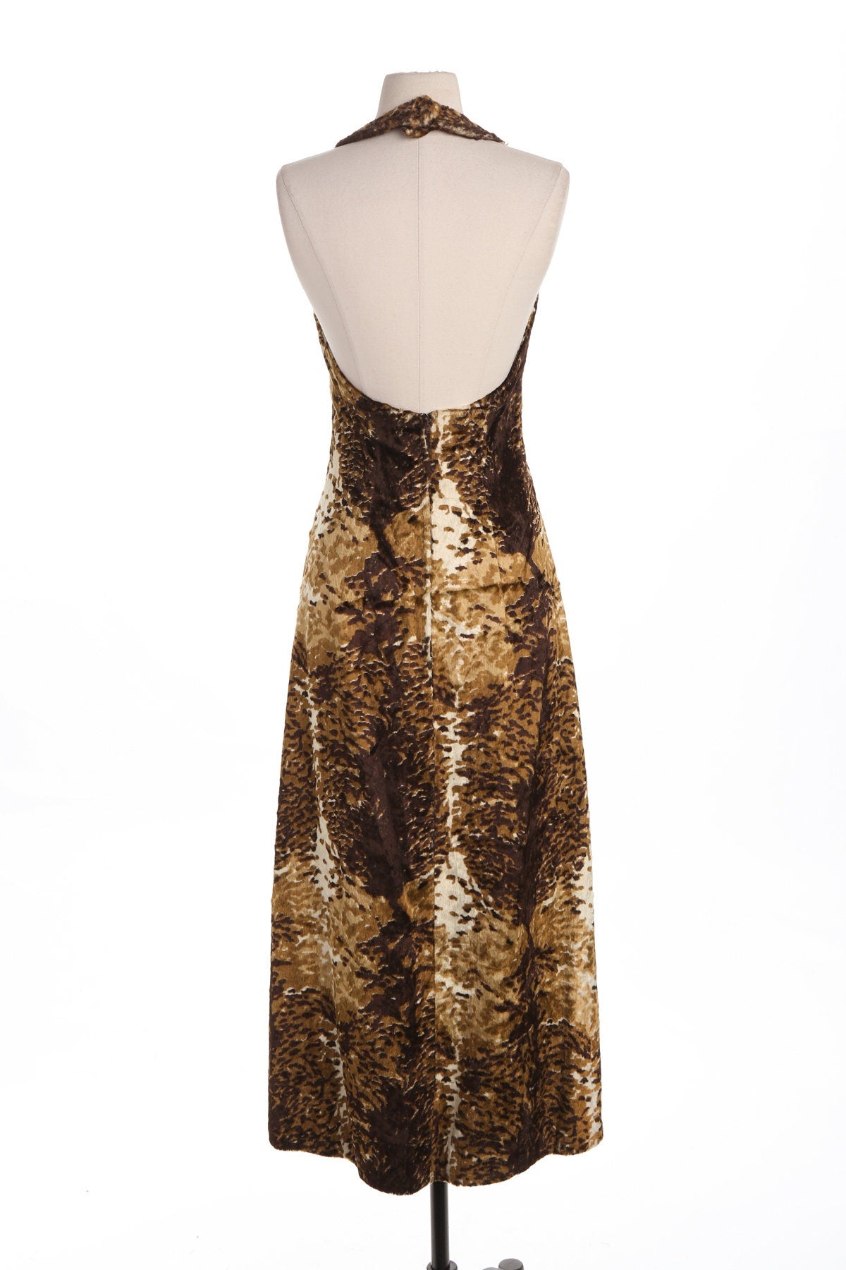 Vintage Long Animal Print Halter Strap Faux Fur Dress