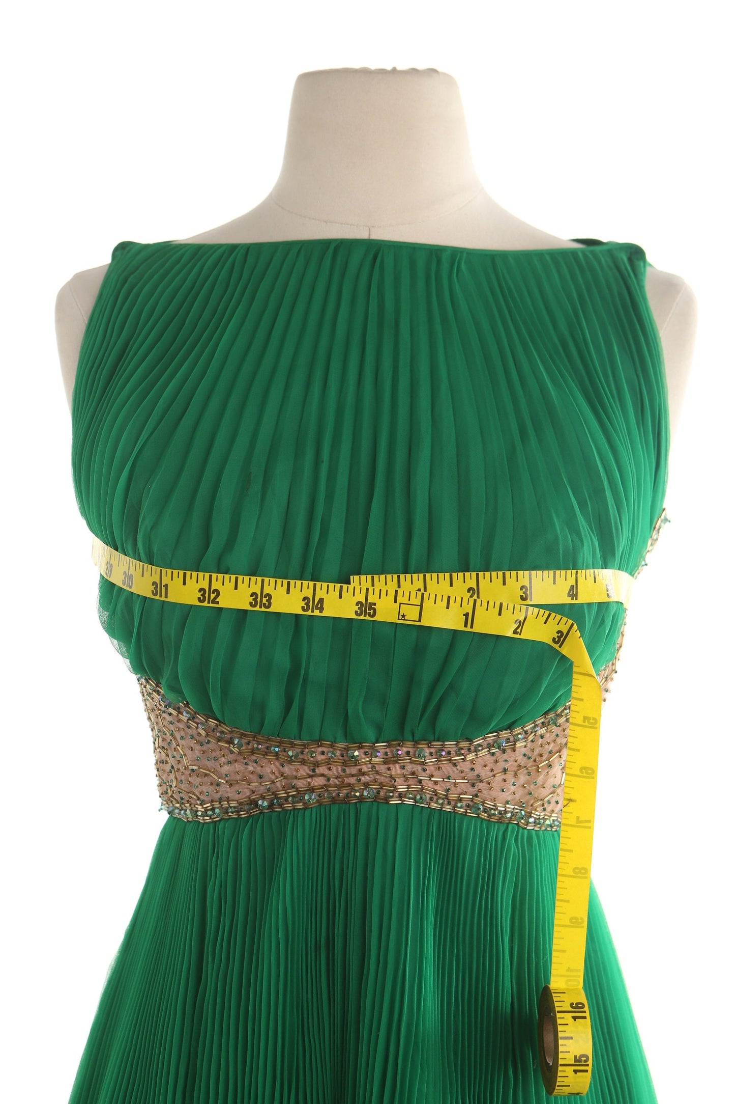 Vintage 70's evening dress women formal pleated ruffle beaded green jack bryan dupuis