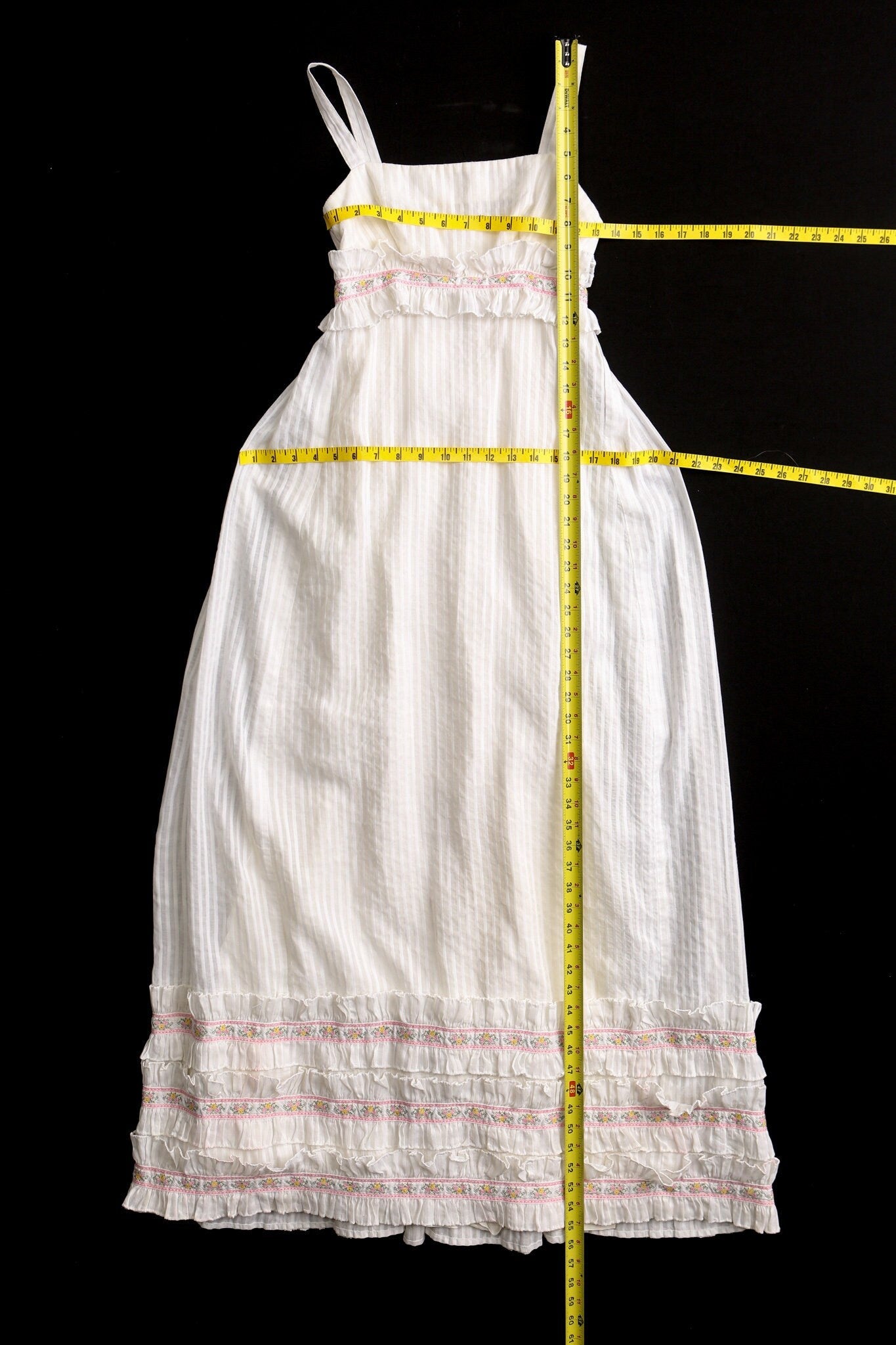 Vintage women 70's cotton long striped floral hippie summer strap dress white yellow