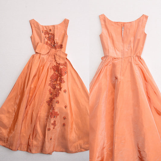 Women vintage 50's ball gown dress orange sequin embroidered evening leaves