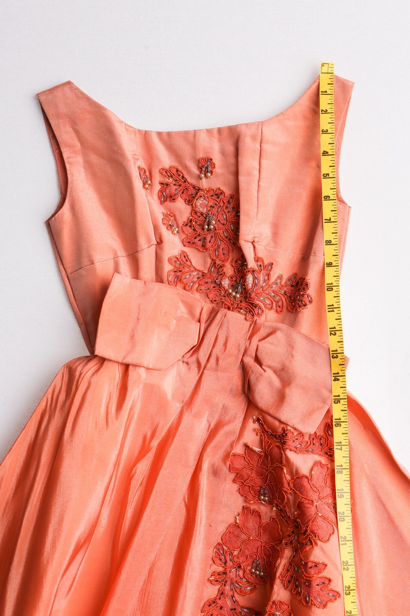 Women vintage 50's ball gown dress orange sequin embroidered evening leaves