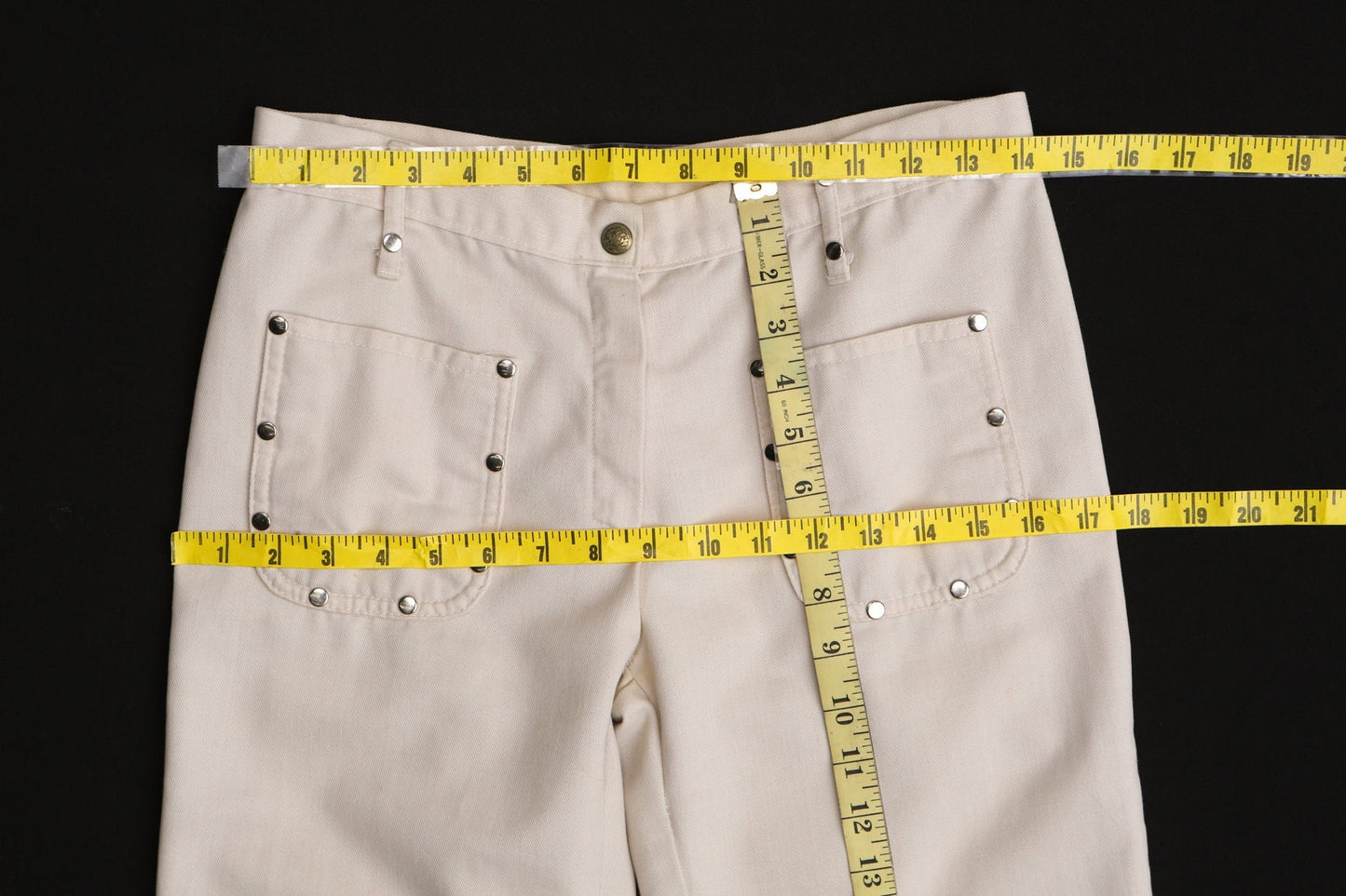 Vintage women 70's beige studded bell bottom cotton pants hippie boho