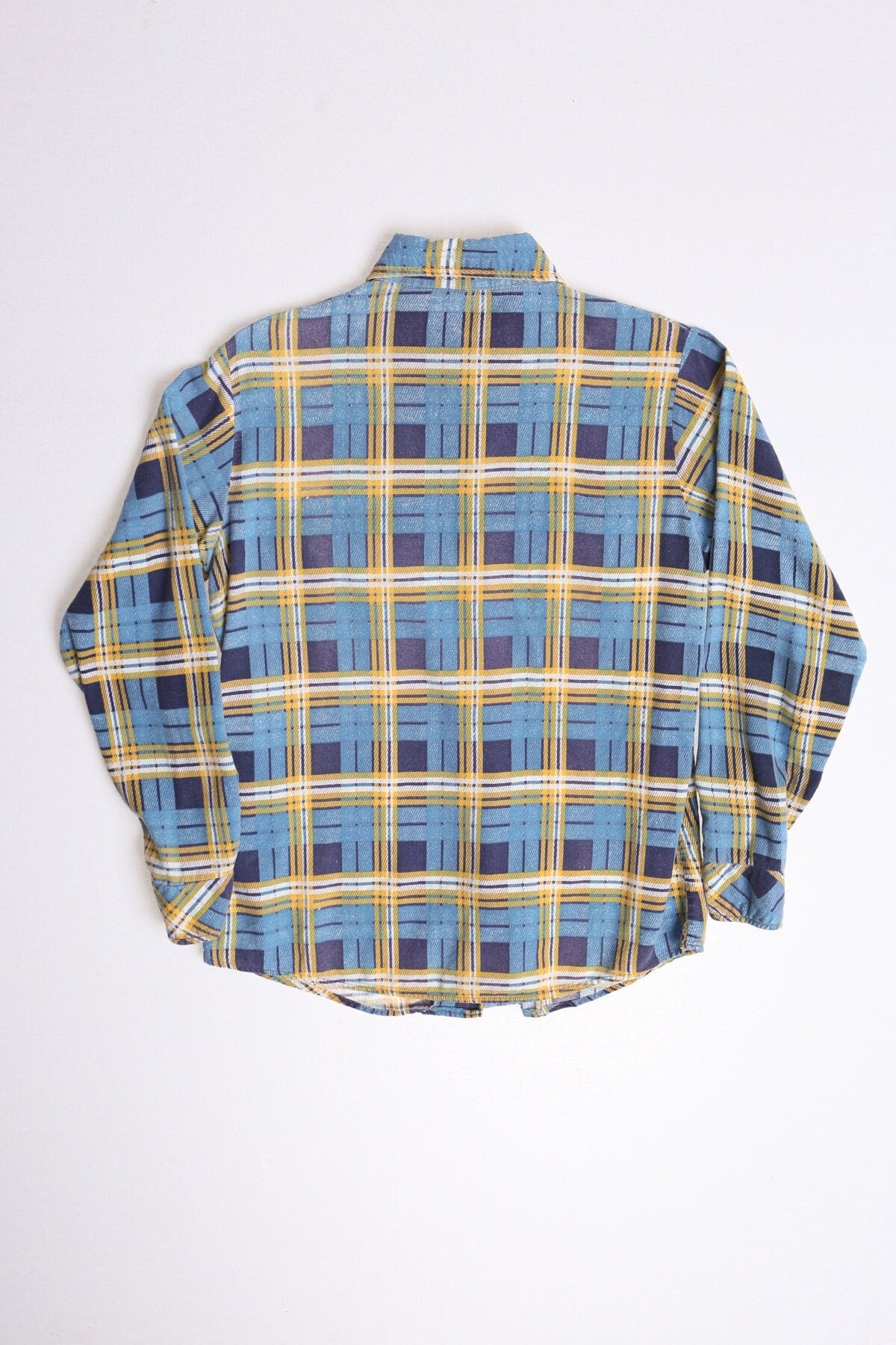 Vintage men 70's flannel shirt plaid blue yellow size 32 button up lumberjacket