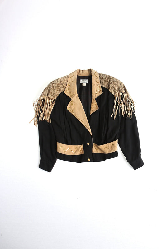Women vintage suded fringe jacket studded high waist 90's cheetah print mae in usa