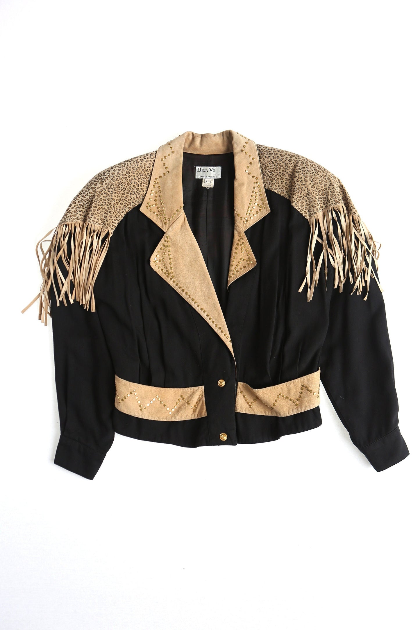 Women vintage suded fringe jacket studded high waist 90's cheetah print mae in usa