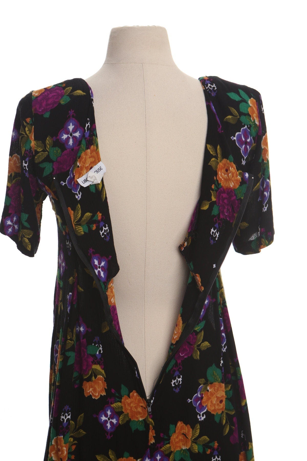 Vintage 90's floral print summer dress maxi rayon spring short sleeve black