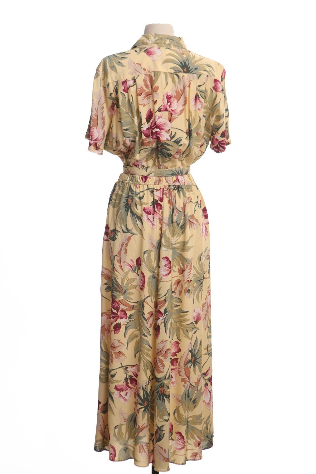 Vintage yellow hawaiian print summer maxi dress 90's casual women spring