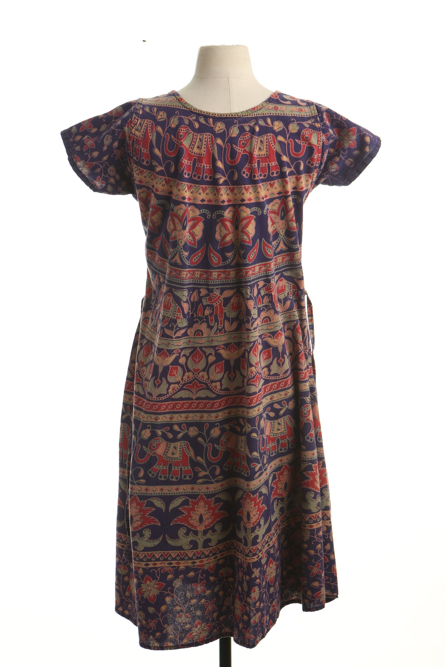 Vintage floral block print summer indian boho 70's dress women blue