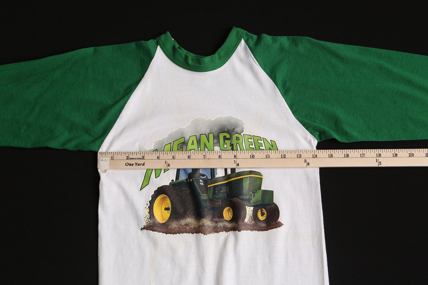 Vintage baseball t-shirt white green tractor farm mean green 70's