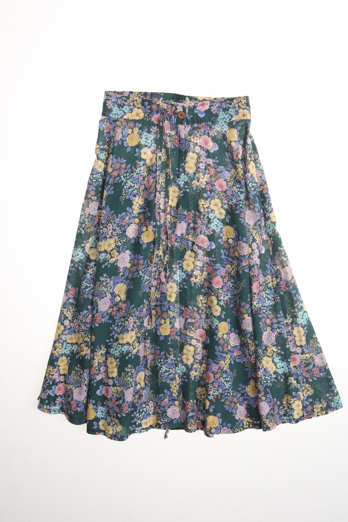 Vintage green floral print 80's summer cotton skirt women