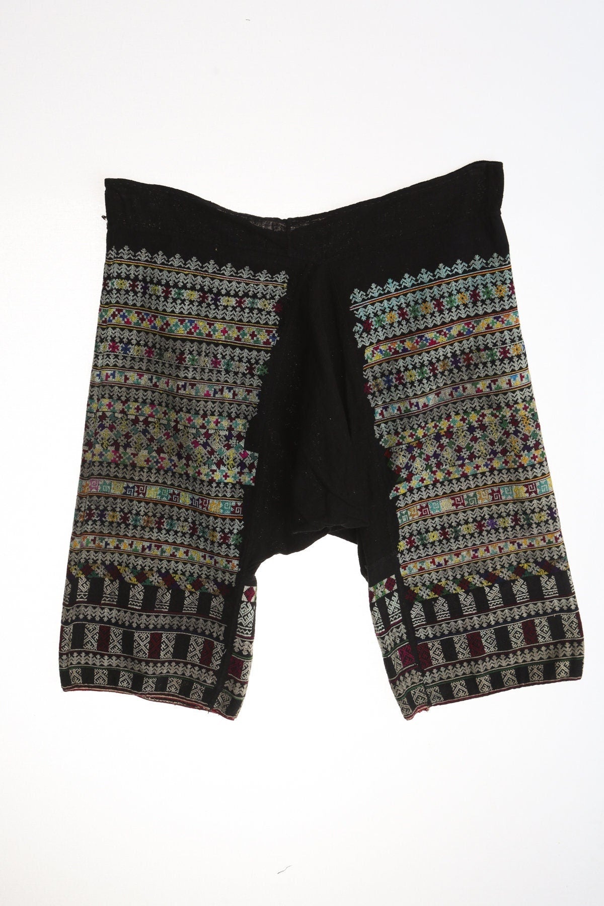 Vintage men embroidered short hippie 70's black bermuda boho ethnic