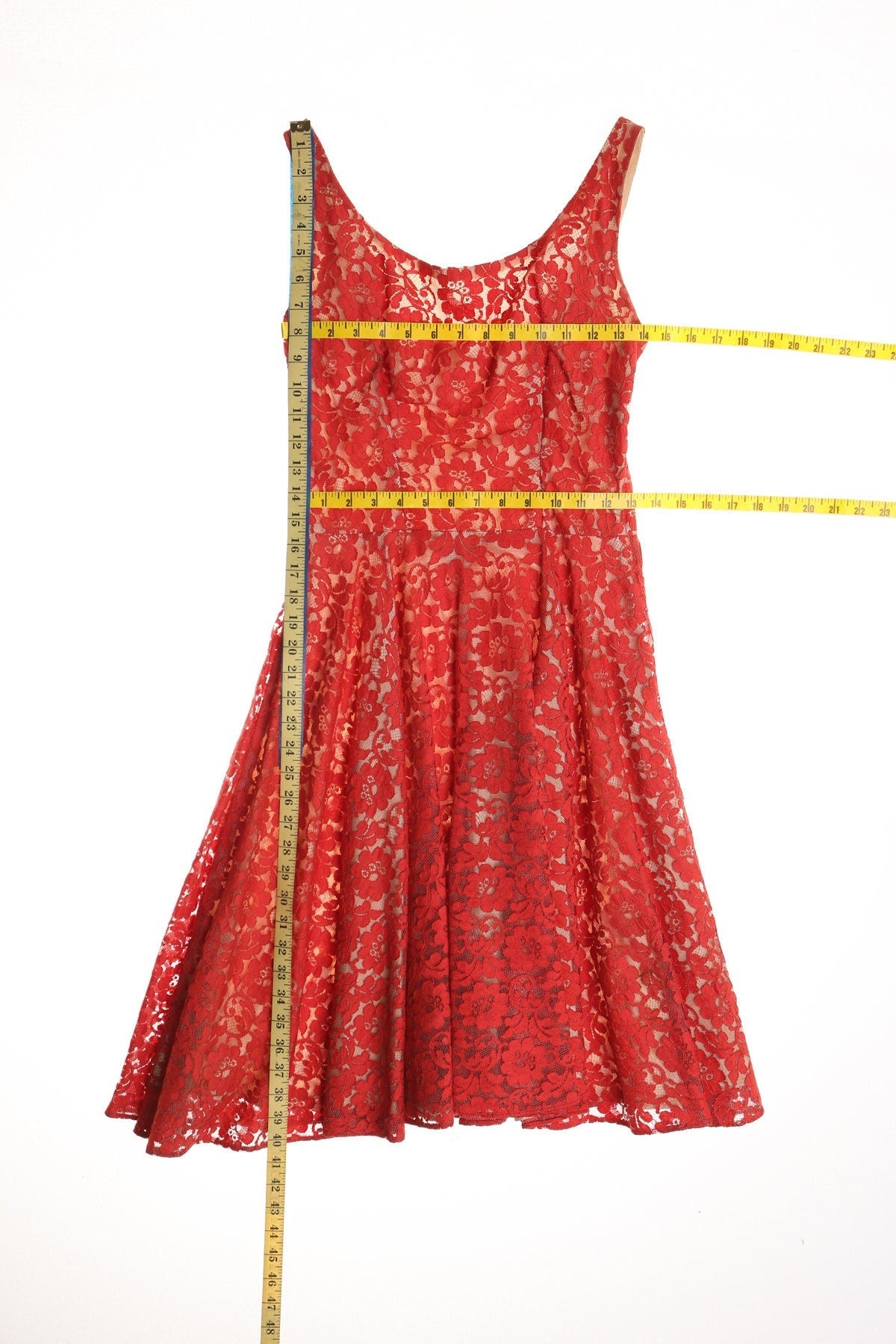 Vintage women 50's lace floral red dress strap 60's mad men