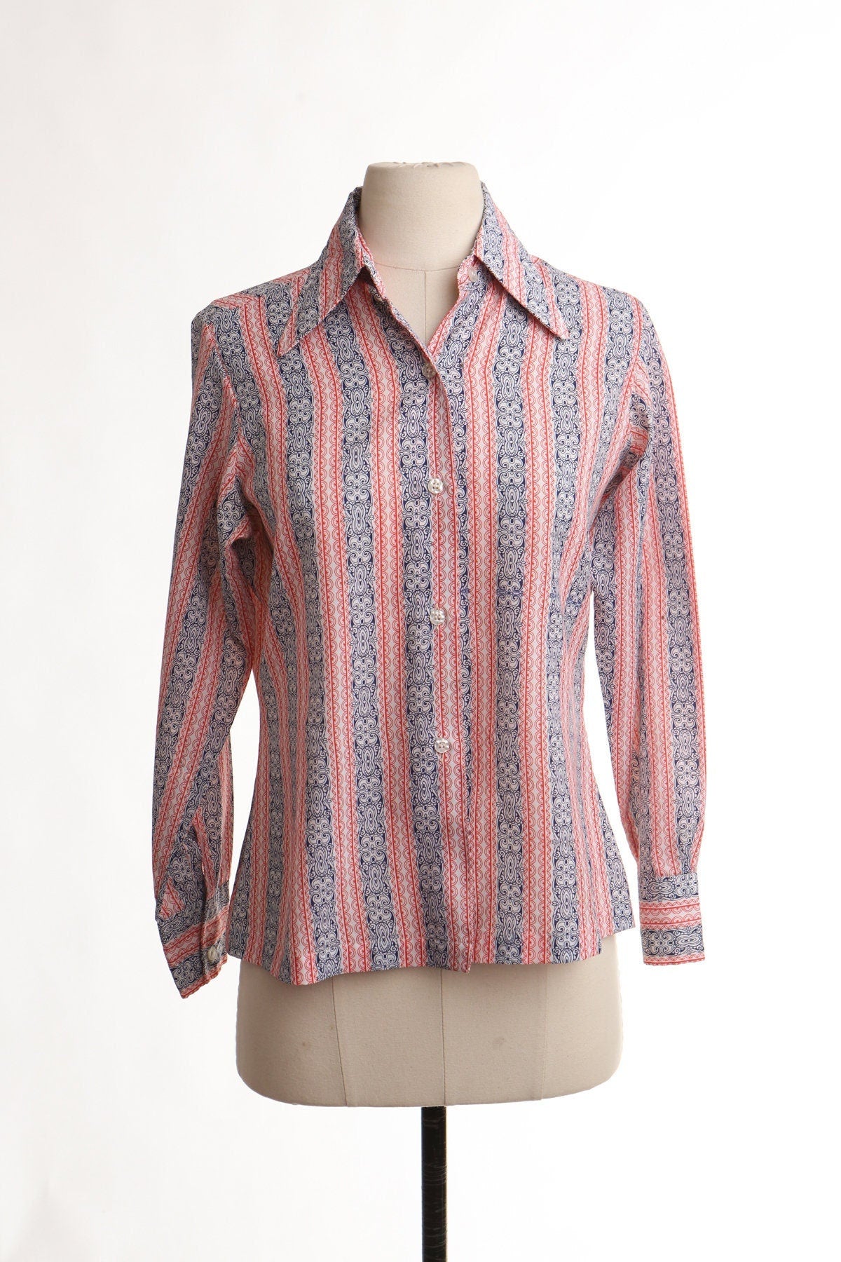 Women 70's cotton button up blouse top red blue butterfly neck hippie costume tailor
