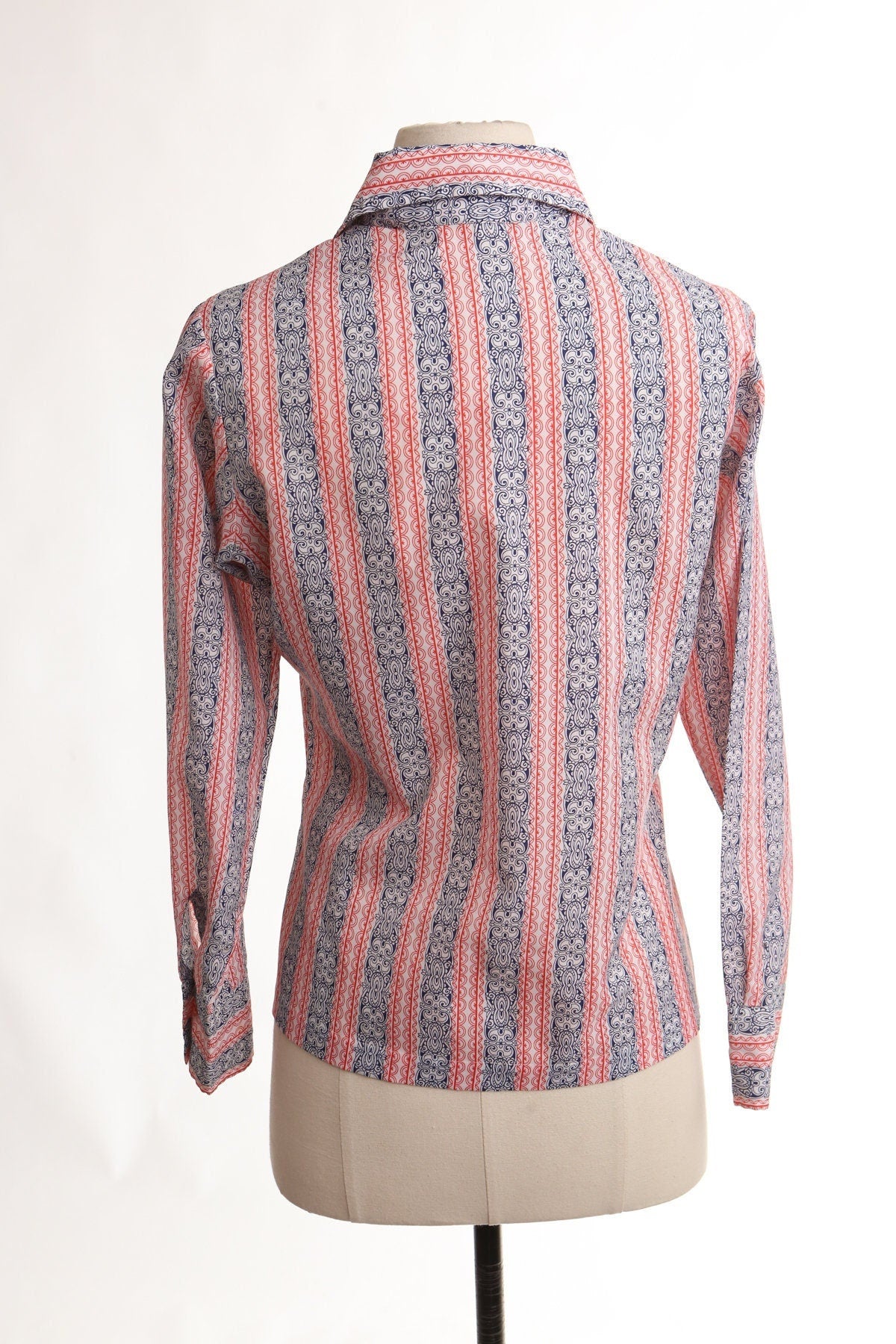 Women 70's cotton button up blouse top red blue butterfly neck hippie costume tailor