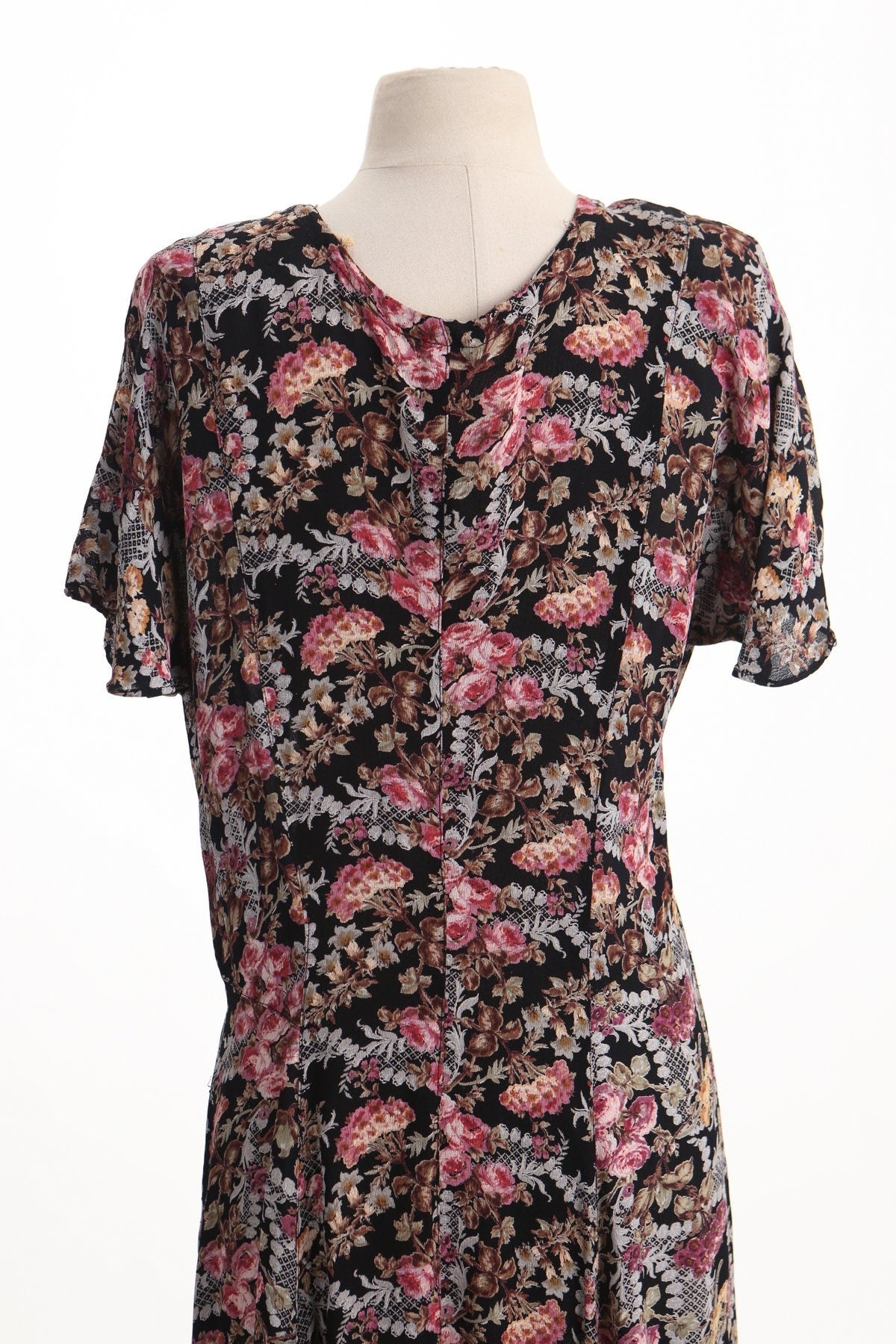 Vintage summer floral print rayon long casual dress black button