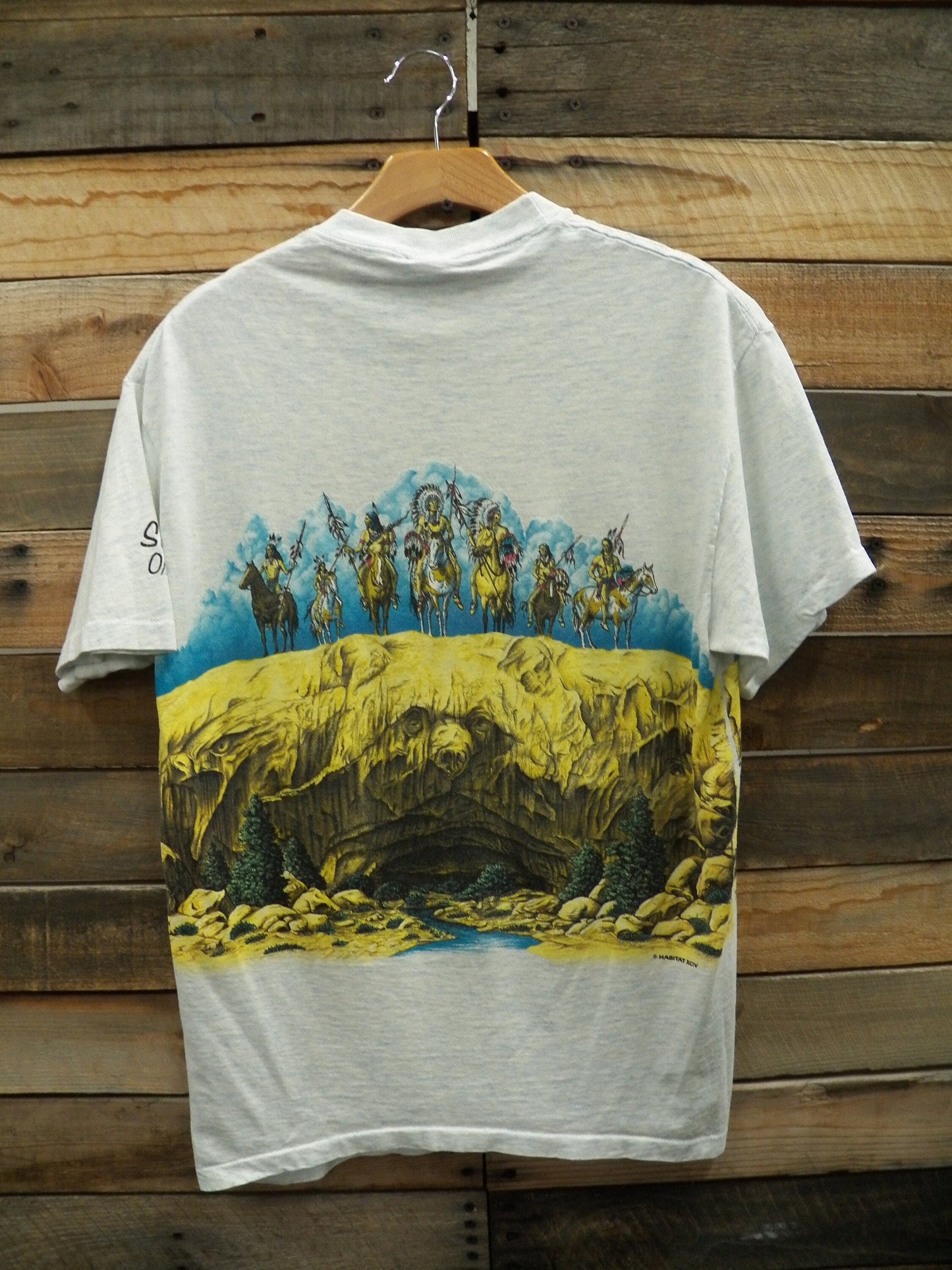 Native american graphic t-shirt double side signal sport label vintage gray indian cotton made in usa