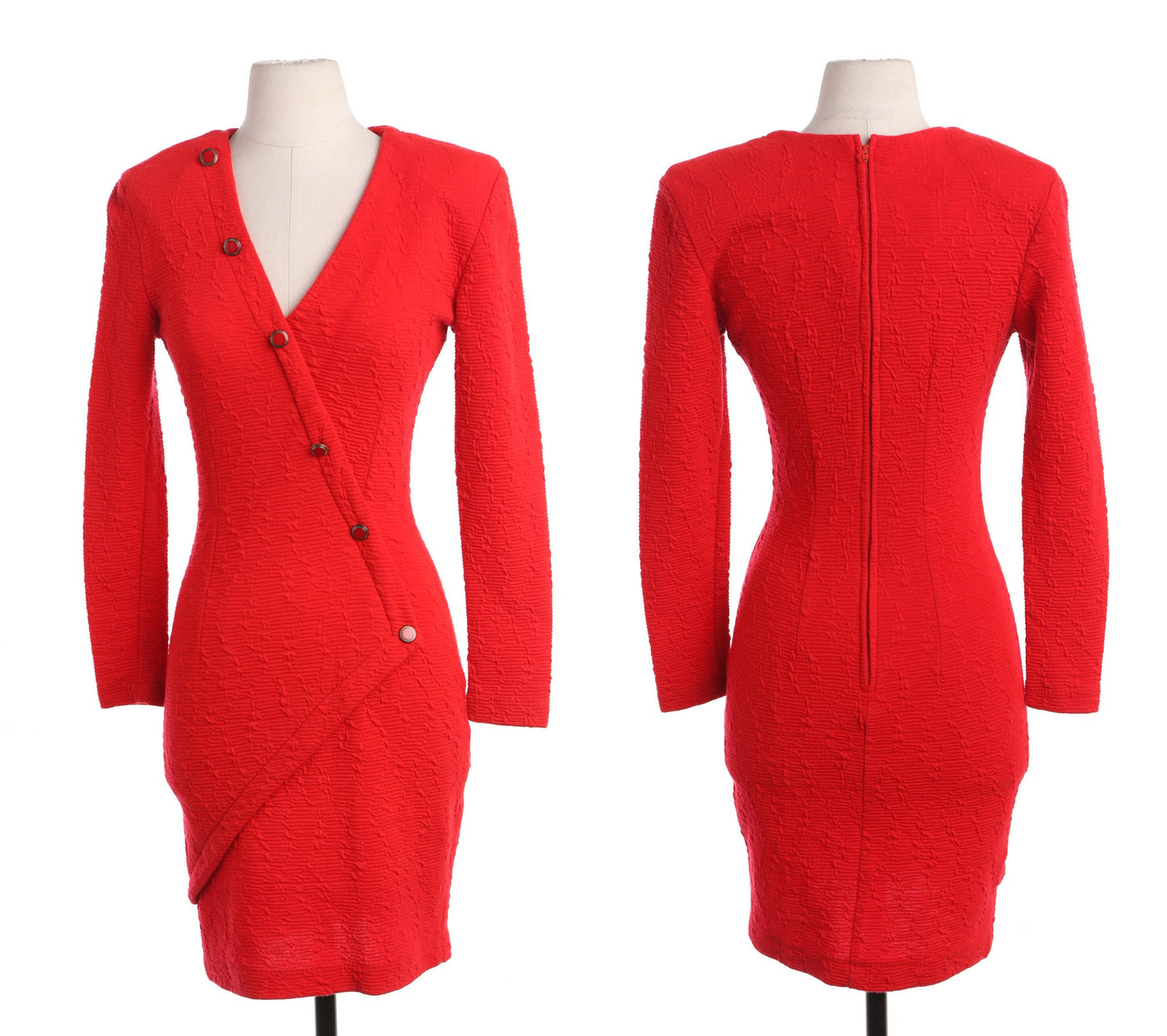 Women 80's Red V Neck Casual Dress with Back Zipper Closure