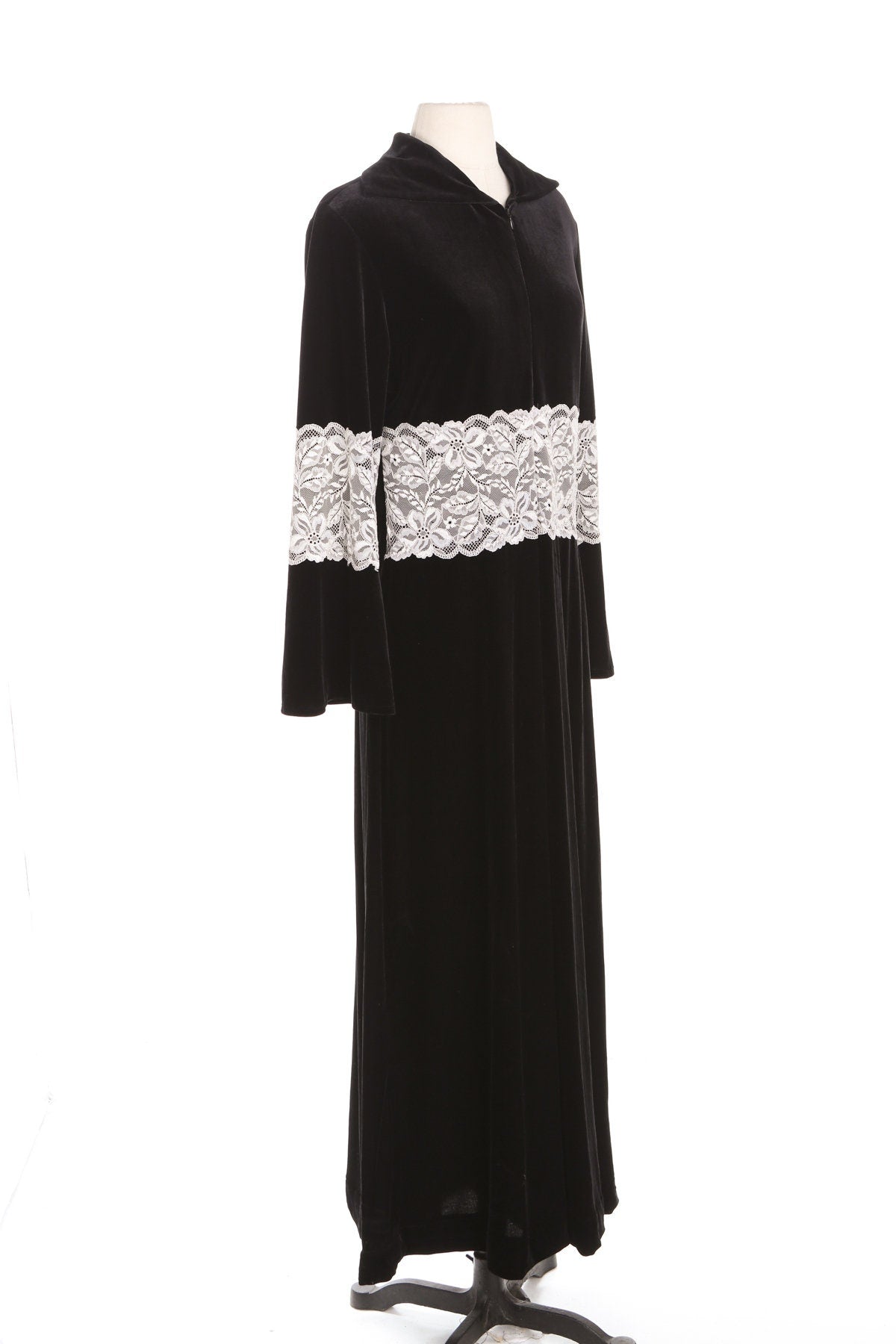 Black Long Velvet Dress with White Lace Waist Details