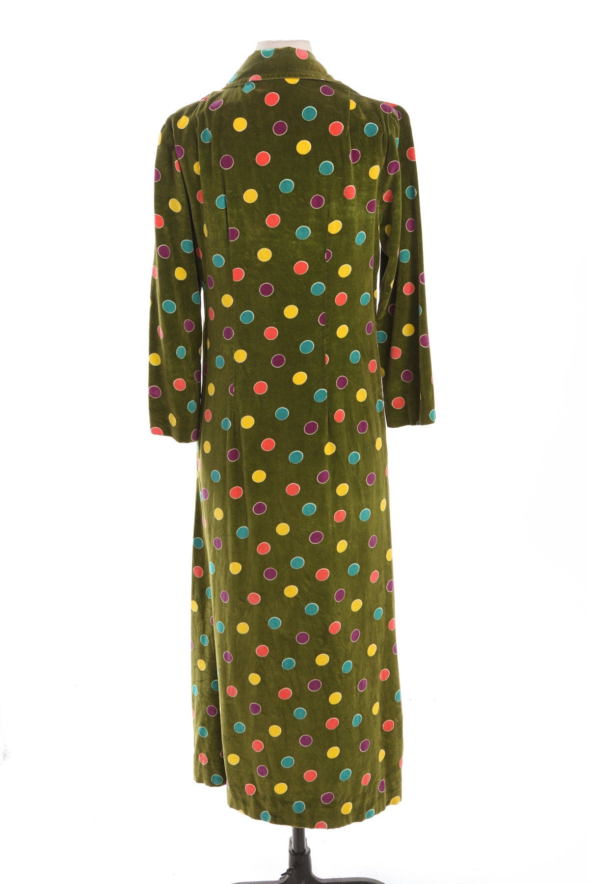Women Green Velvet Long Dress with Colored Polkadot Print