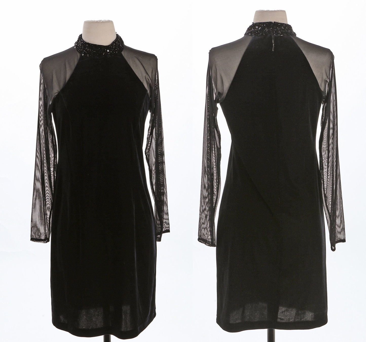 Women Black Velvet Casual Dress with Long Sheer Sleeves
