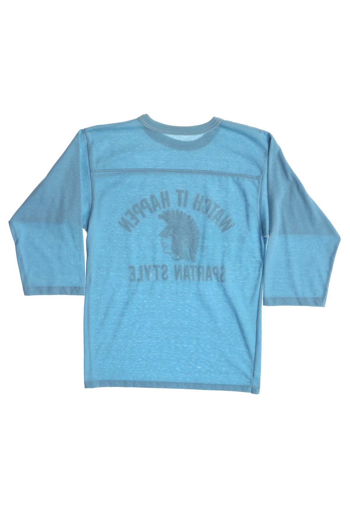 Vintage Blue Graphic T-shirt - Watch It Happen Spartan Style Yellow Print - Era 70's -80's