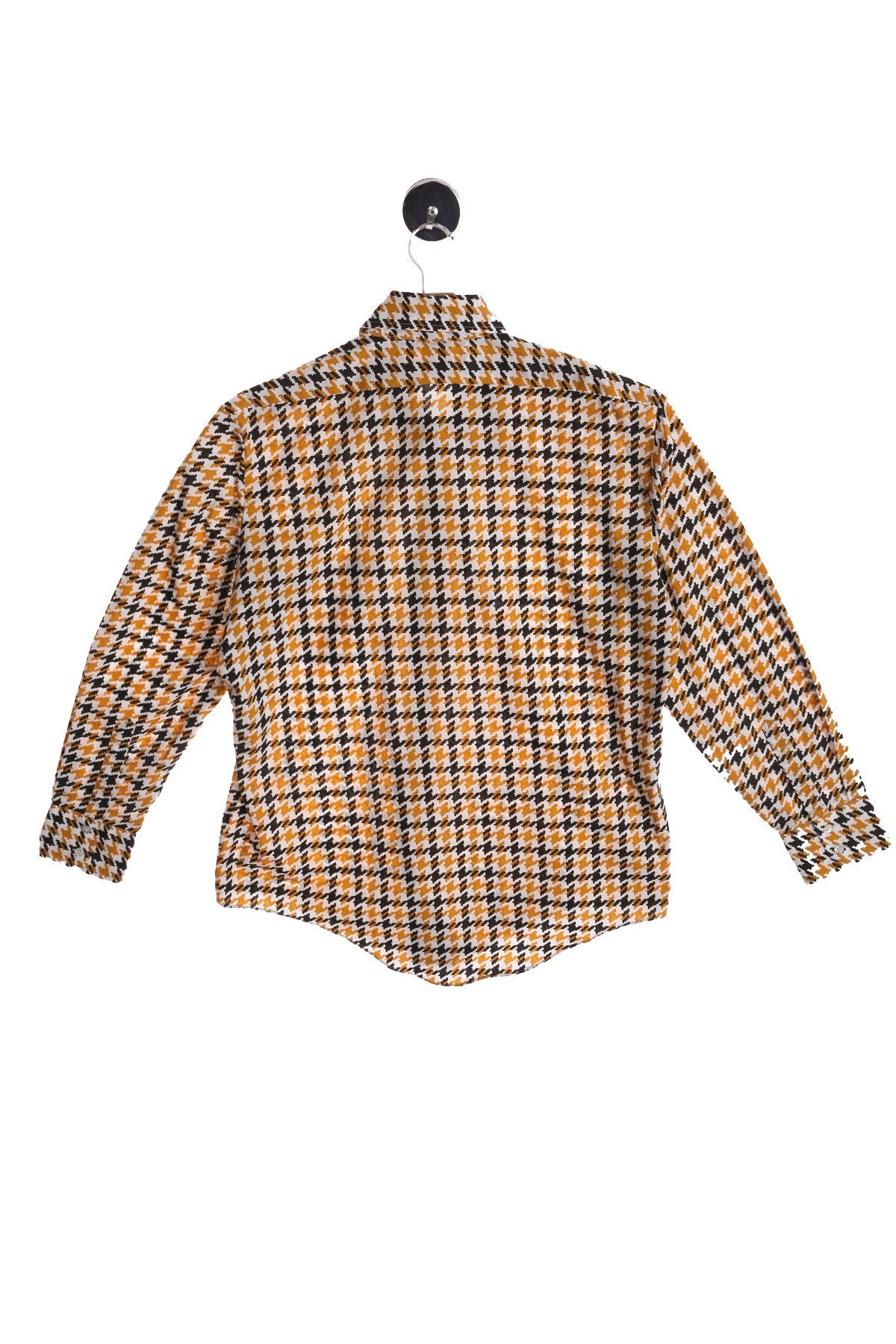 70's Plaid Shirt - White Black Yellow Houndstooth Print - Long Sleeve - Mod