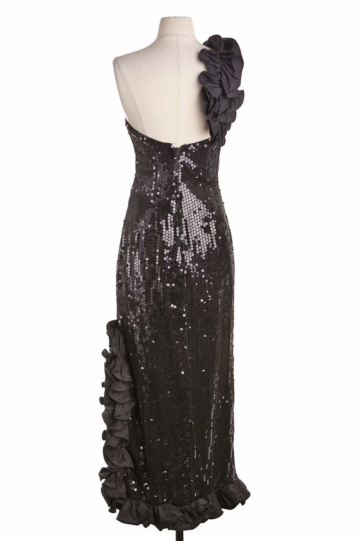 Vintage Black Sequin Dress - Formal Event - Shoulder Rose Detail - Era 70's - 80's