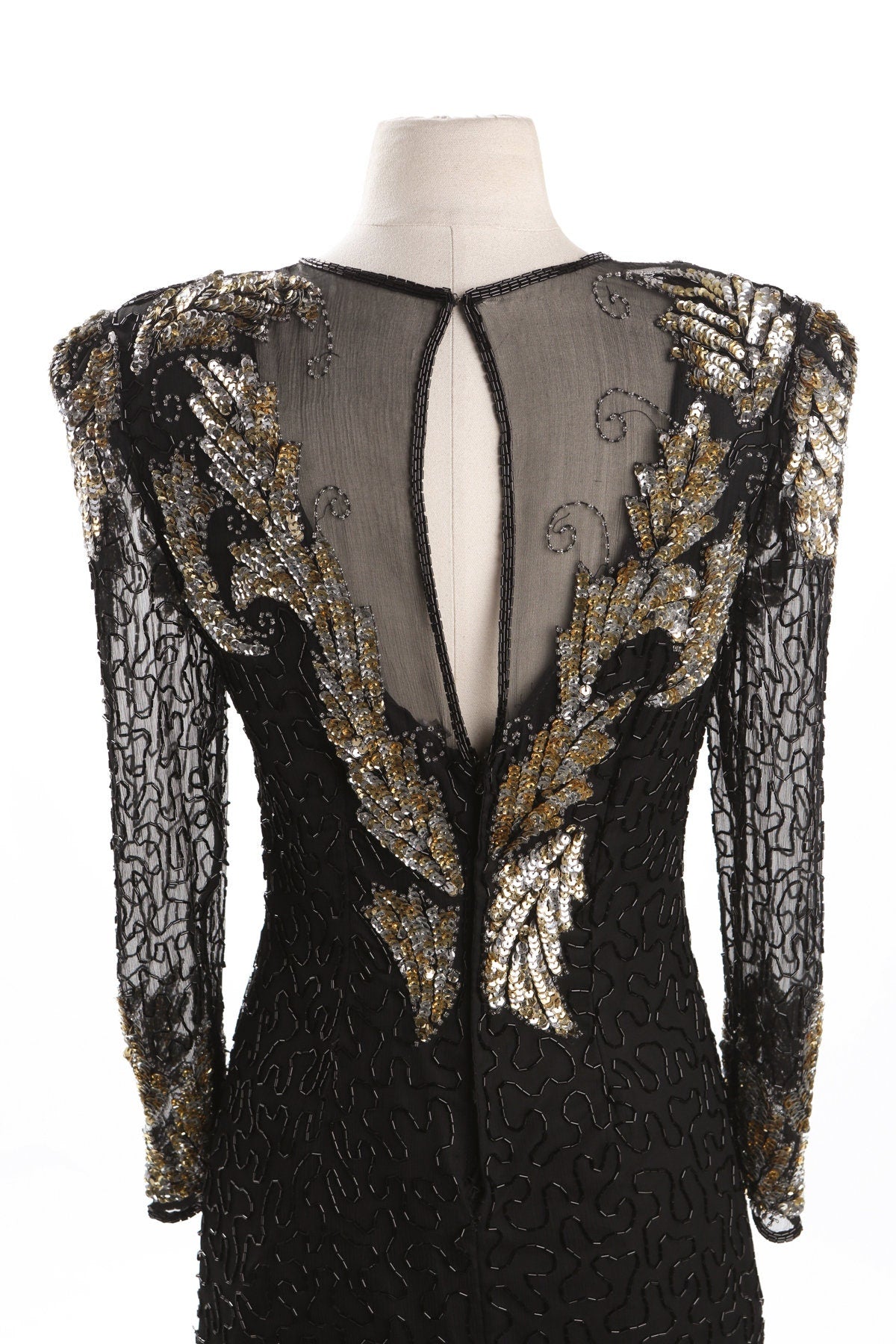 Black Sequin Dress with Sheer Sleeves and Golden Leaves Details - Era 80's - 90's