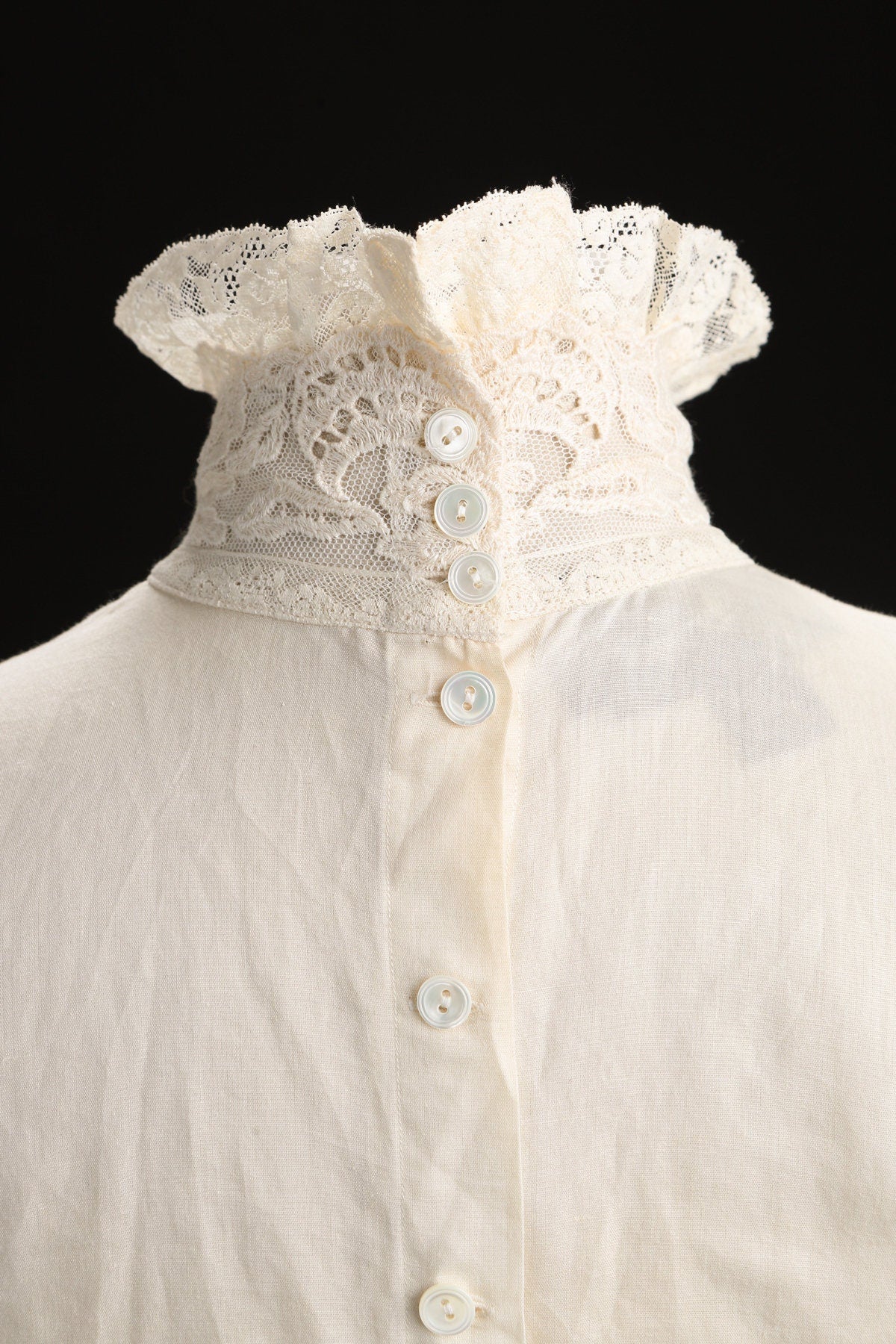 Victorian Style Turtleneck Beige Lace Blouse with Front Collar Bow Detail
