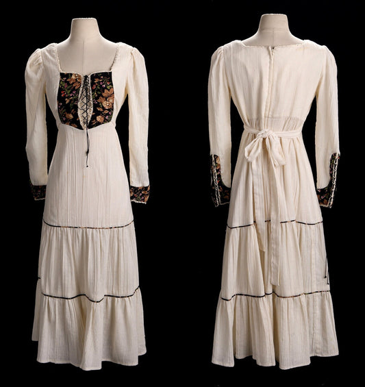 Vintage Long Beige Prairie Dress - Era 70's - 80's