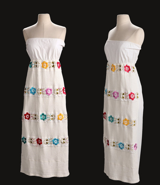 Women Strapless Embroidered Dress - Flower Embroidery - Back Tie Closure