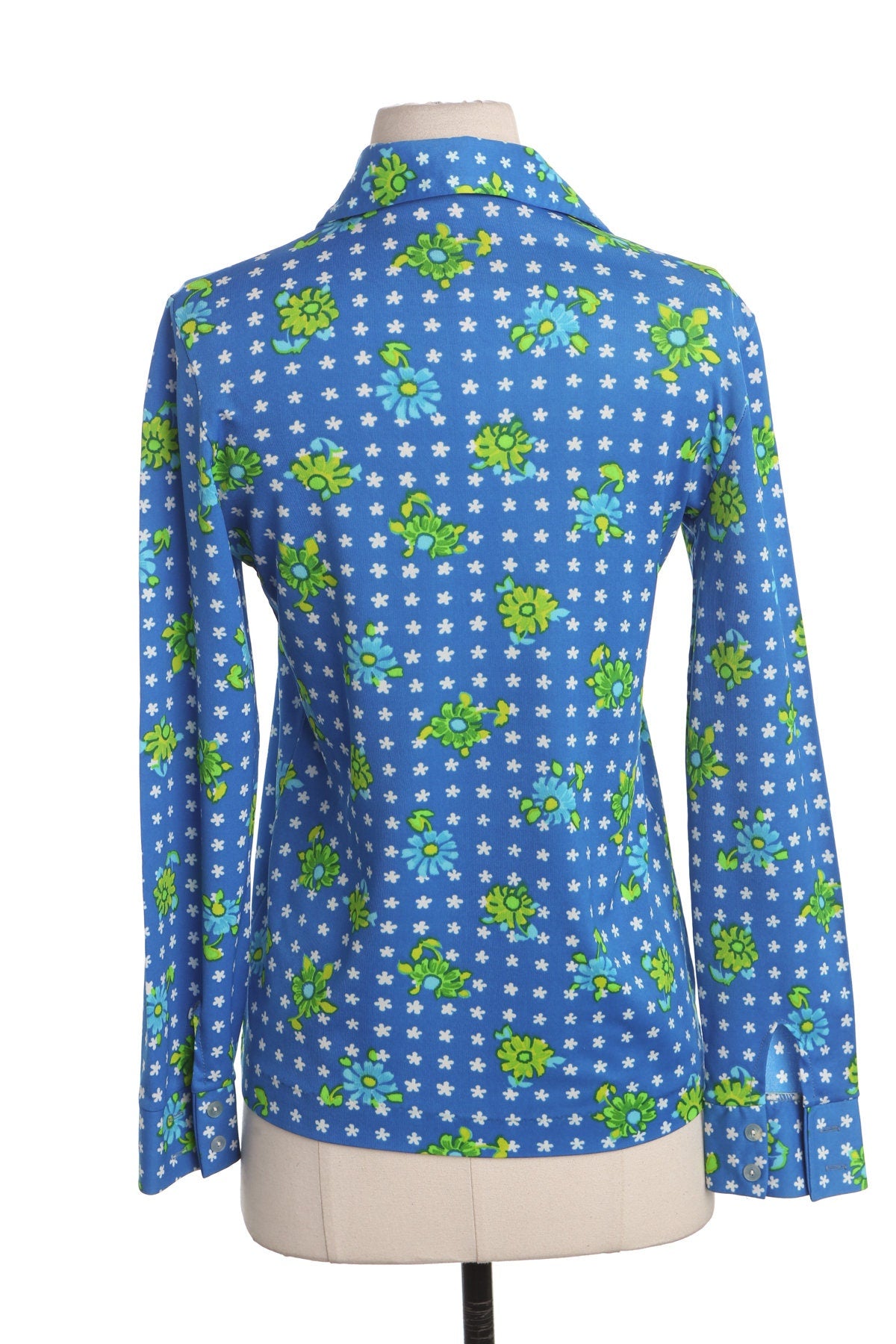 70's Blue Poly Top with Green Floral Print