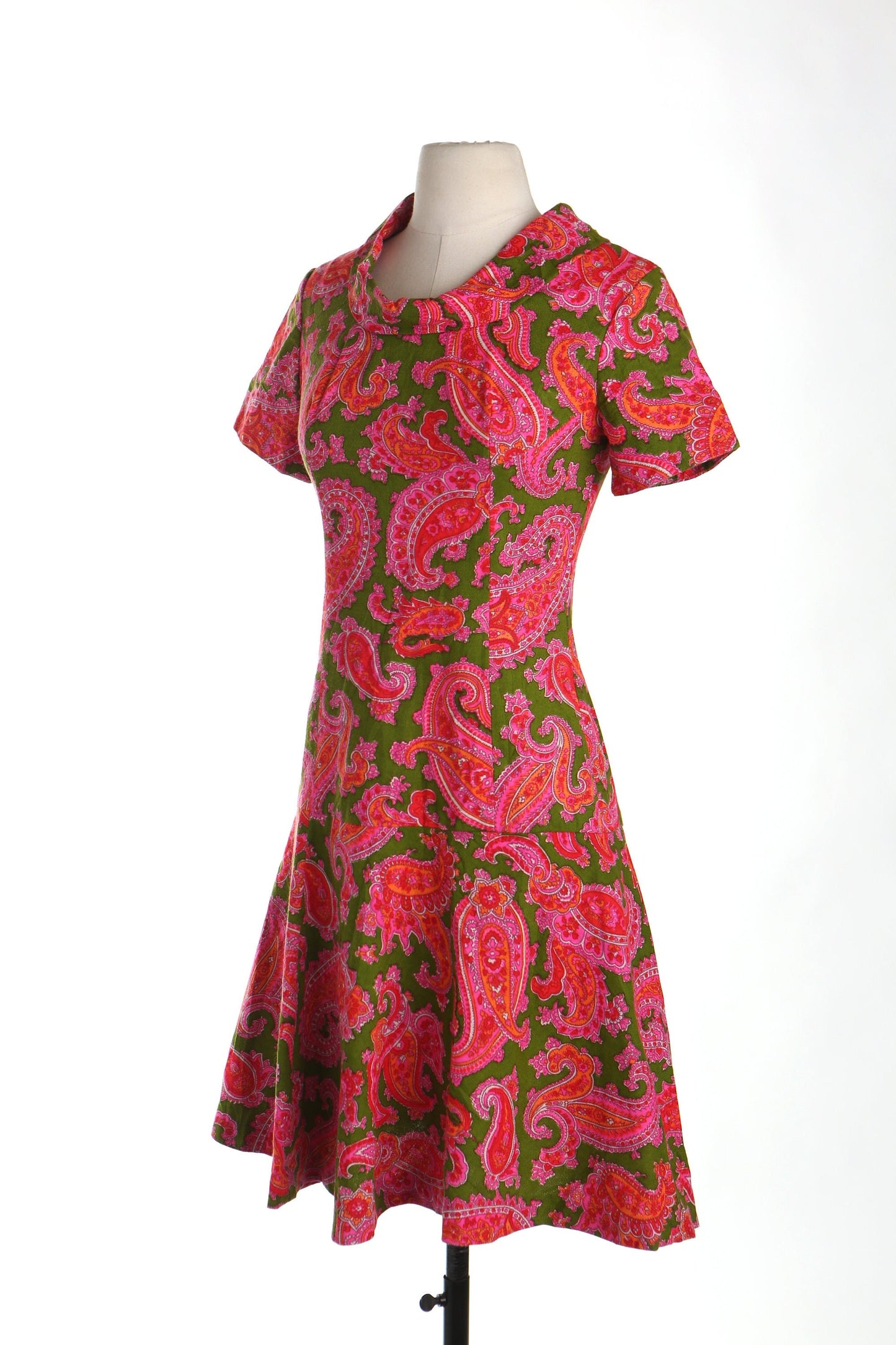 Vintage dress 70's casual hippie floral print green pink women 1970's disco