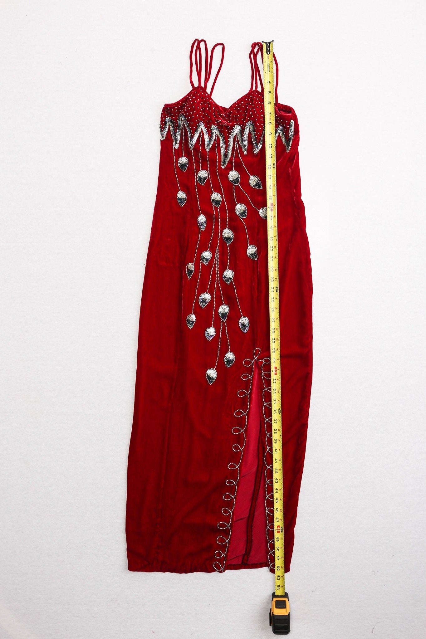 Vintage red velvet dress sequin silver 90's evening strap 80's casual