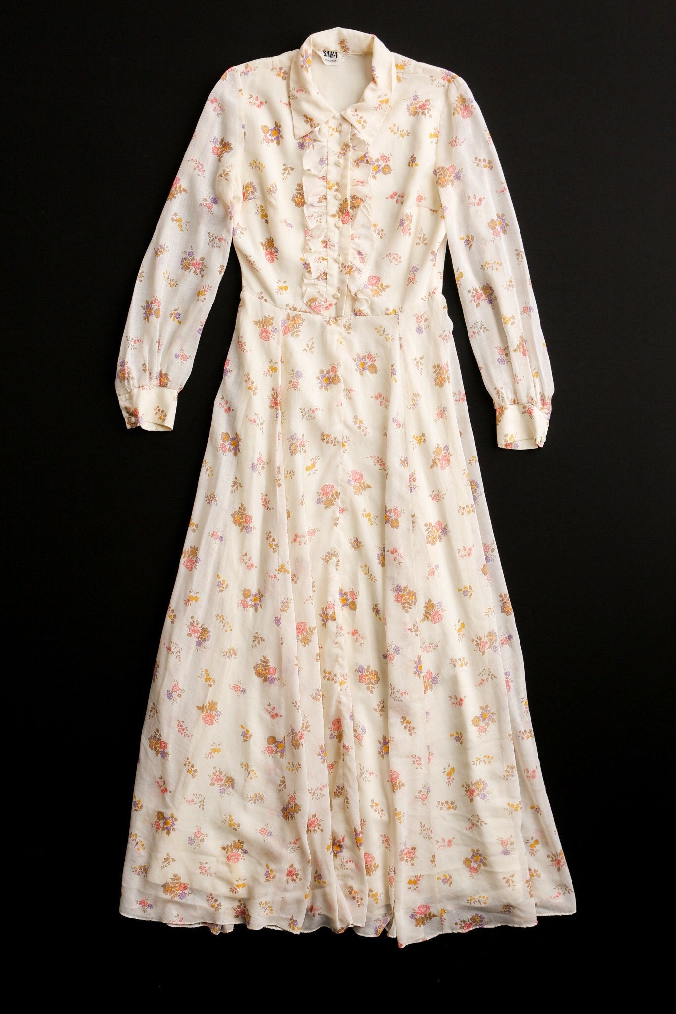 Vintage women 70's cotton dress floral beige fuffles