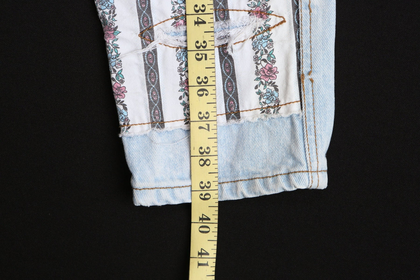 Vintage women high waist jeans pants 90's blue denim floral patchwork