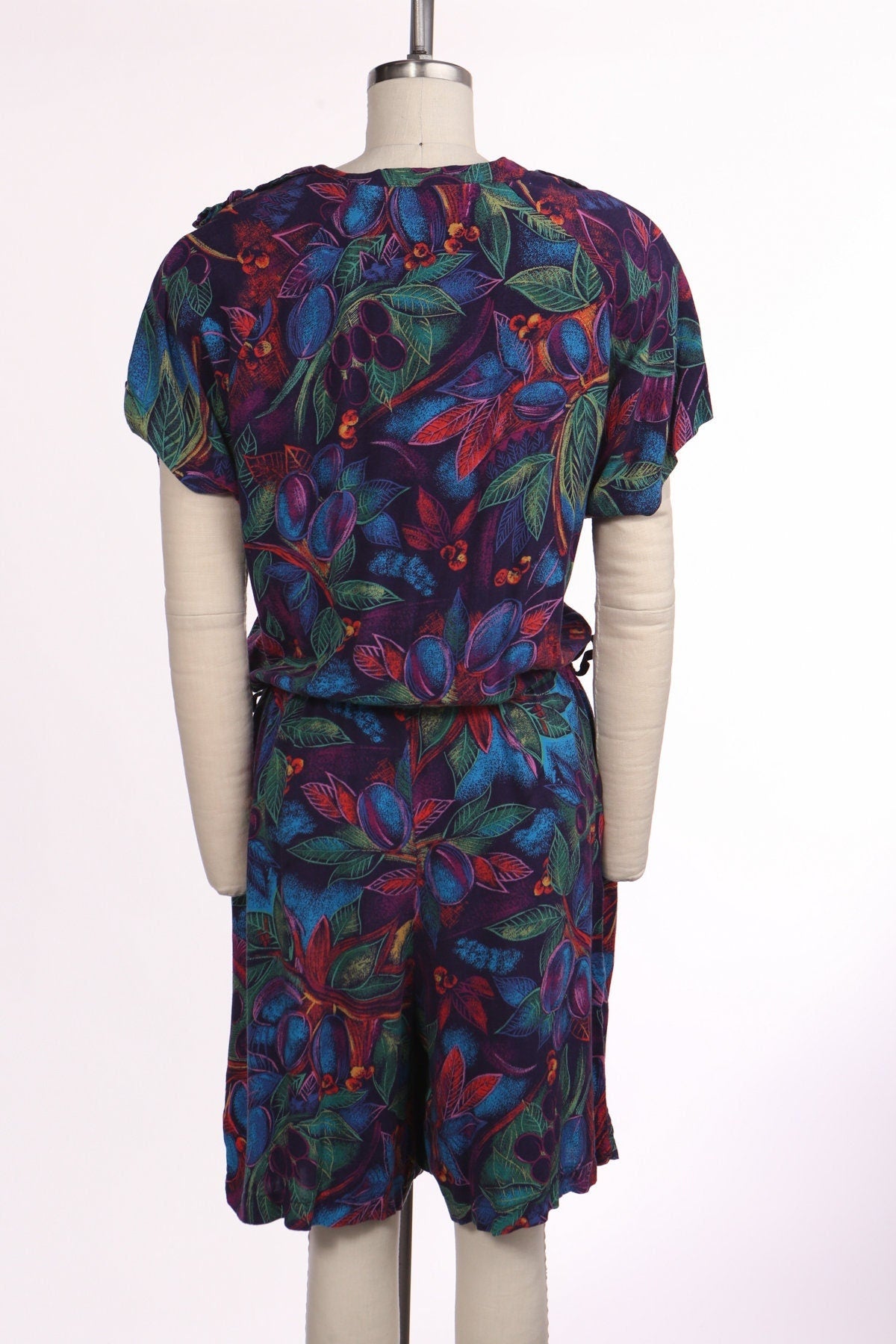 Vintage 90's women rayon purple summer dress button closure romper plants