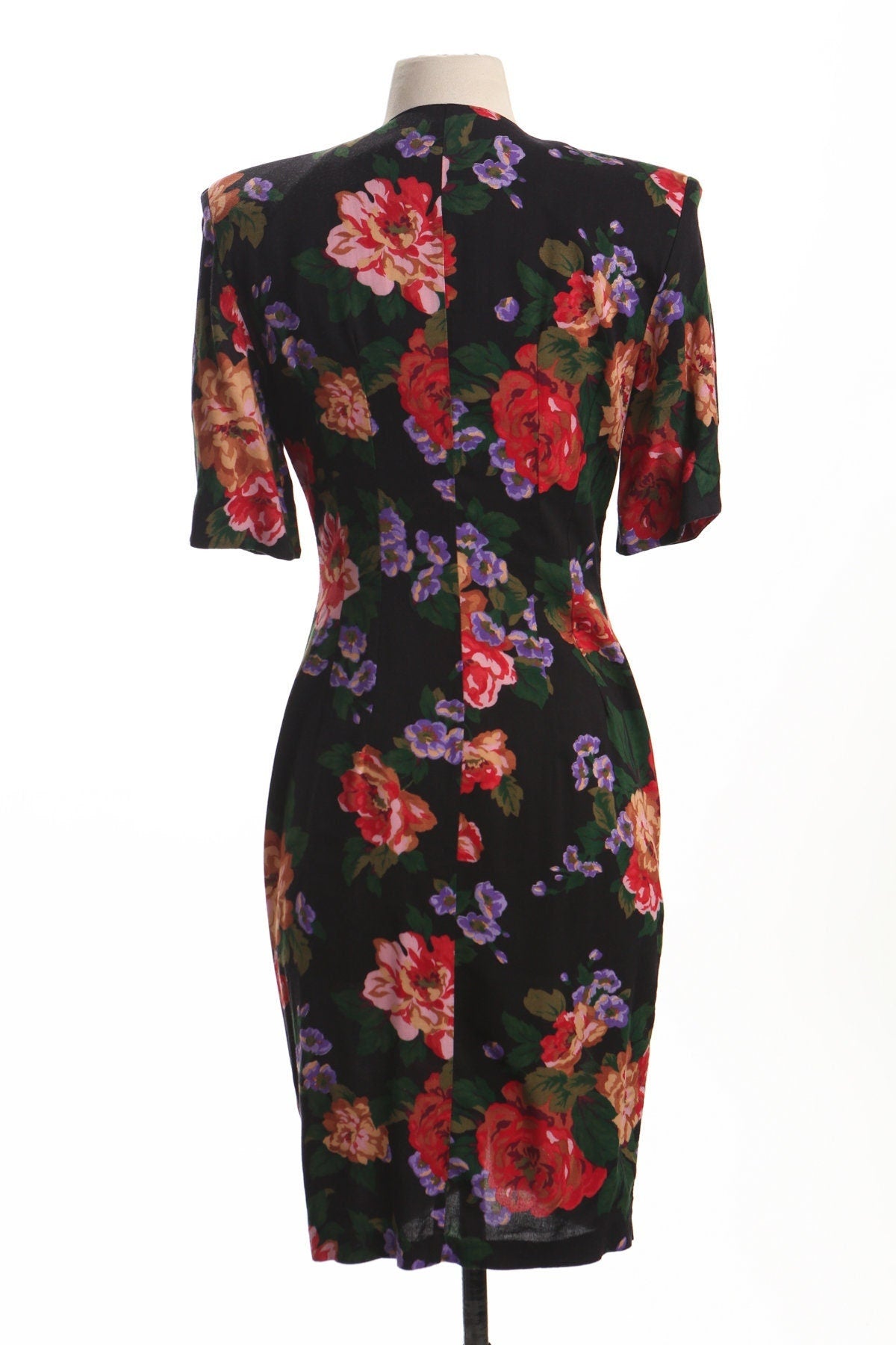 Vintage 90's casual black floral print dress 80's women summer