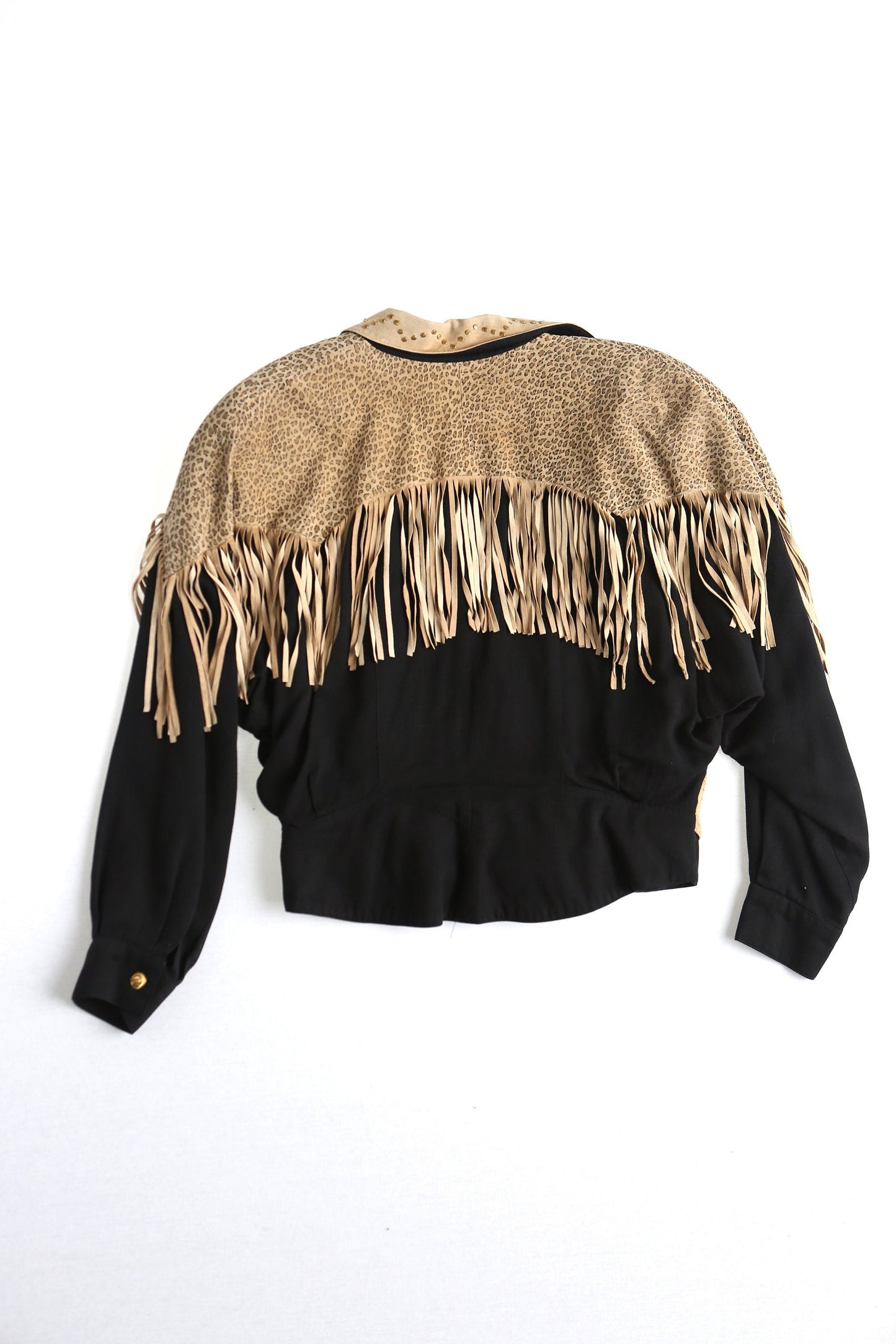 Women vintage suded fringe jacket studded high waist 90's cheetah print mae in usa