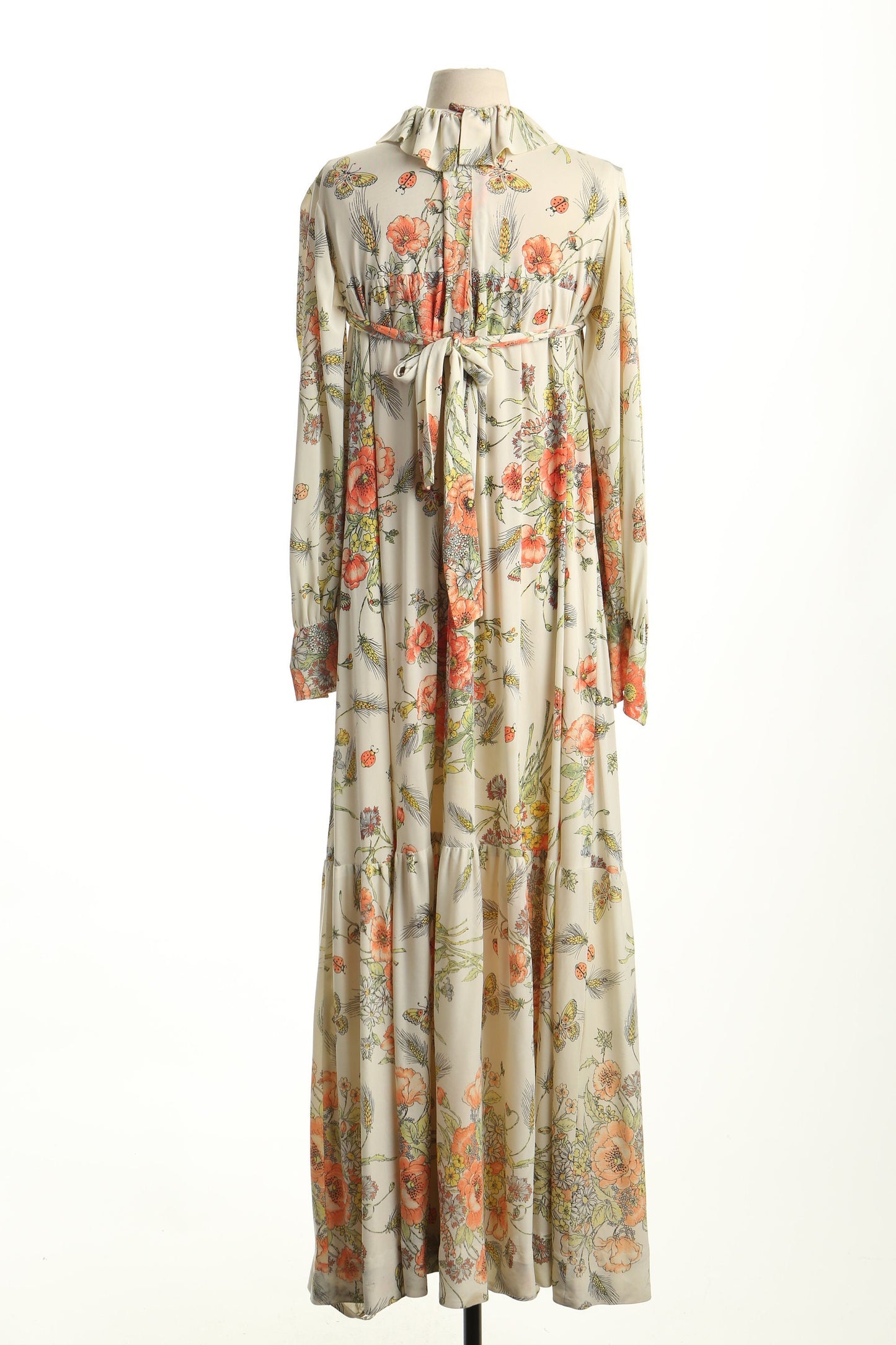 Vintage 70's floral print boho hippie long dress beige flower women