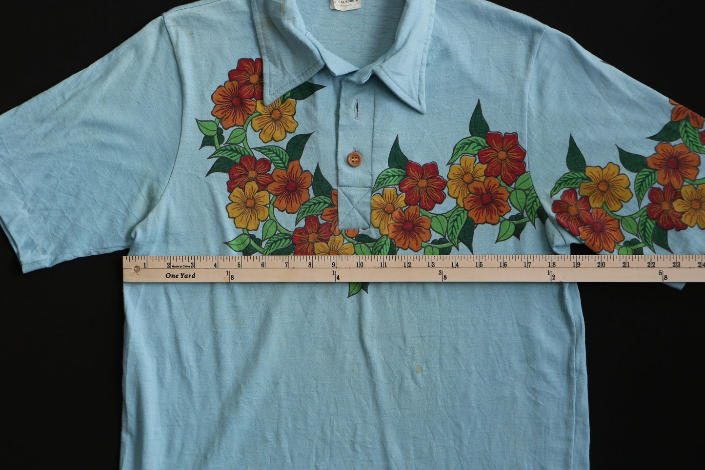 Vintage hawaiian shirt blue t-shirt floral surfing men 70's