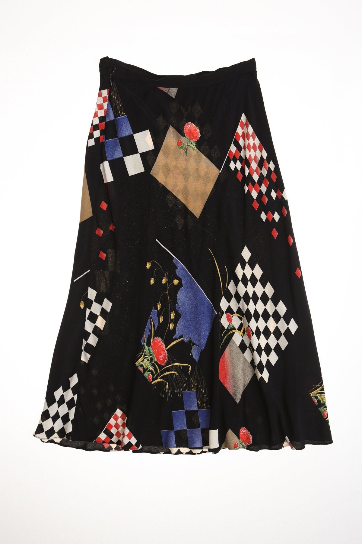 Vintage 90's black rayon skirt long summer geometric checkered women print casual