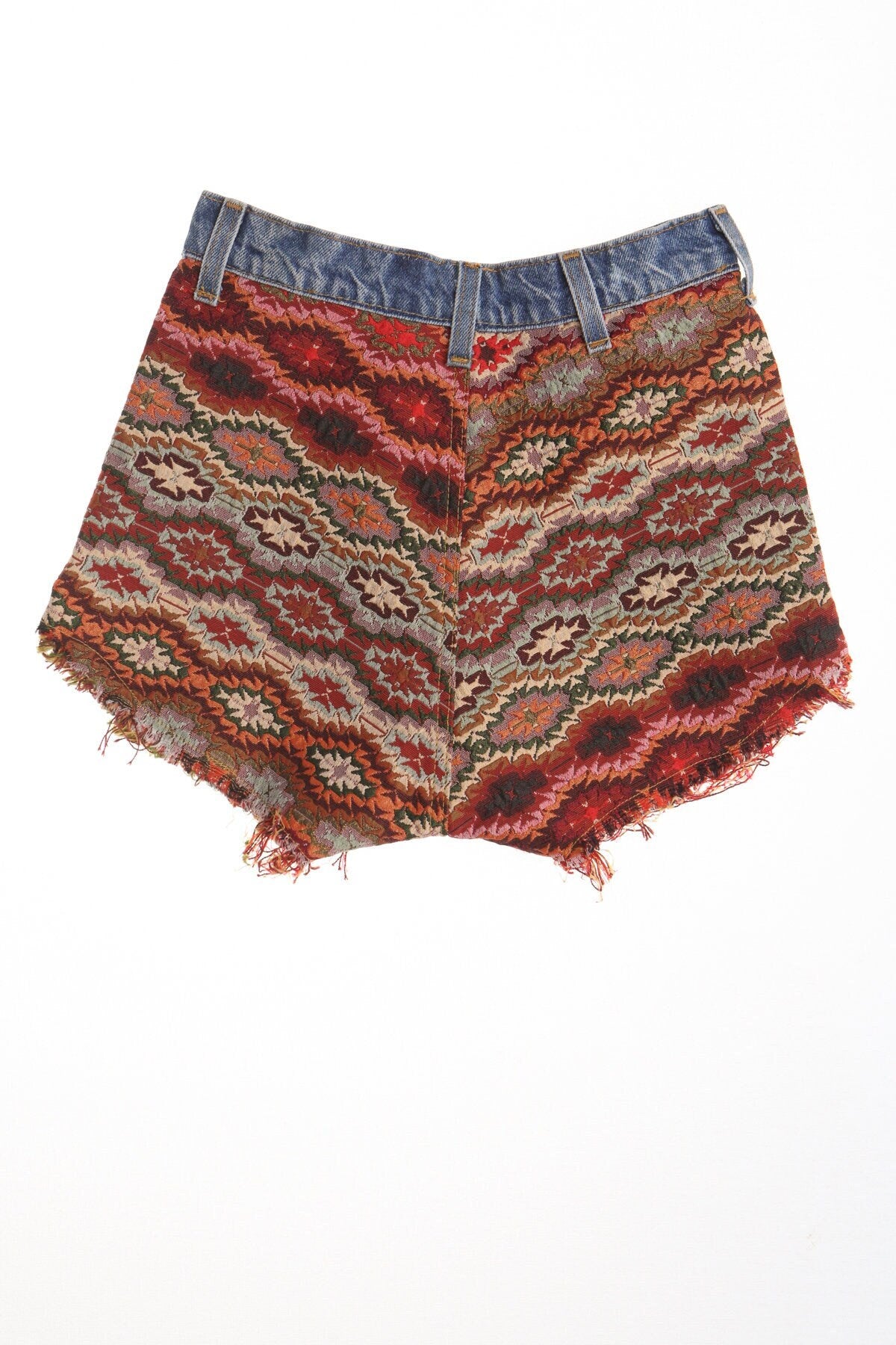 Patchwork vintage fabric denim whort women 70's button tapestry brown red