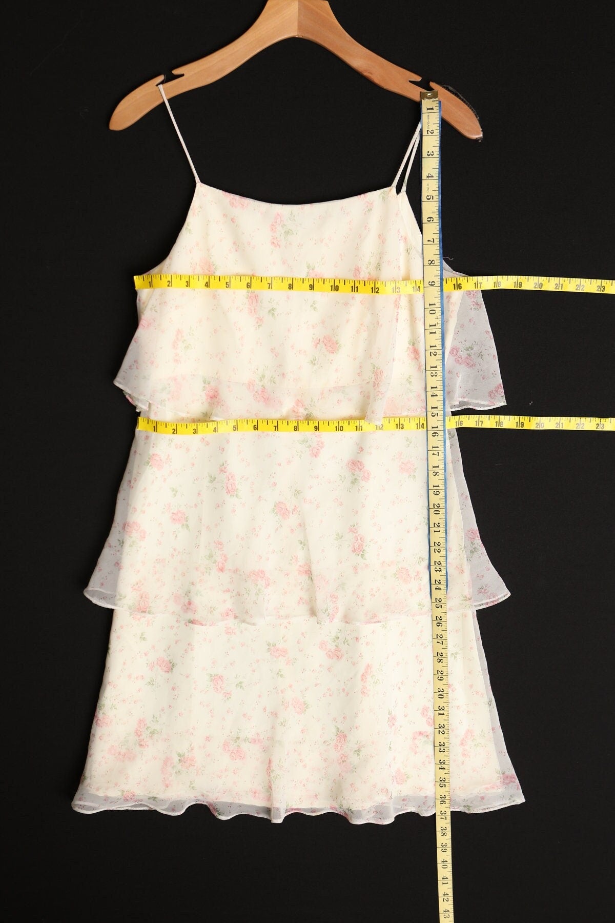 Vintage women floral summer strap print beige 80's 90's dress ruffle