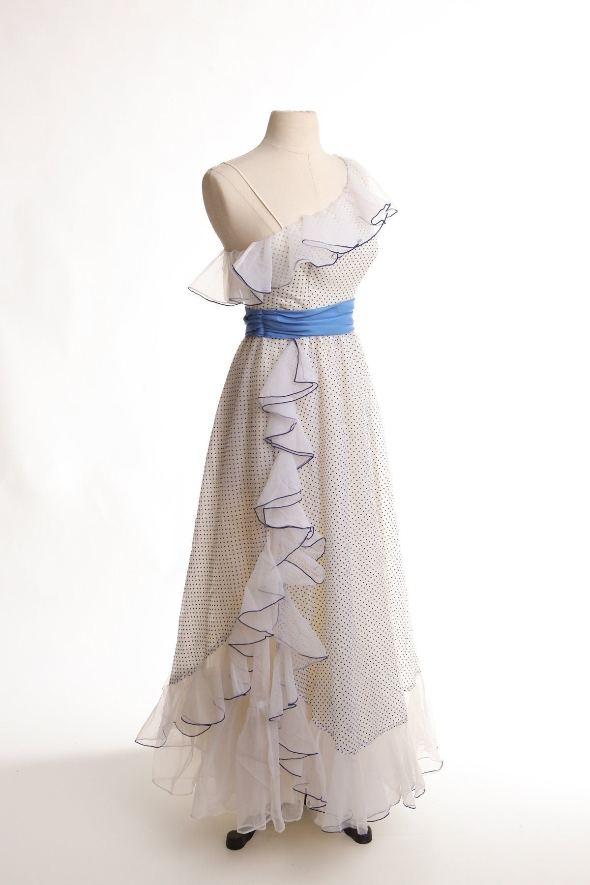 Vintage polka dot white ruffle women dress long flamenco waist off shoulder 70's